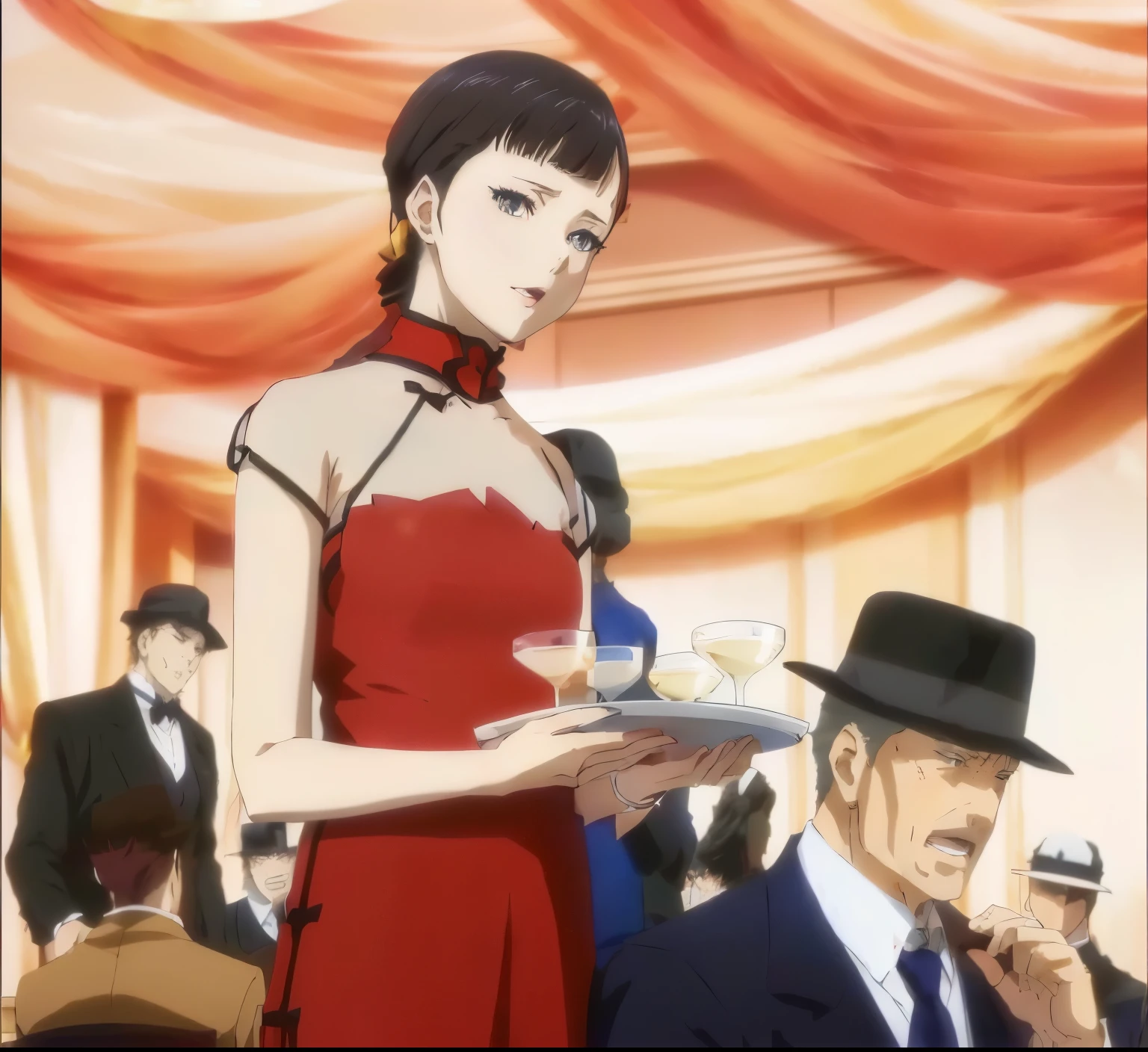 Anime image of a woman in a red dress holding a tray of drinks, Anime movie screenshots, In anime movies, Screenshots from the 2012 anime, Anime movie screenshots, Gore anime screenshot, From the TV anime, Today&#39;s featured anime is still, Maya Faye from Ace Attorney, Anime movie stills, shuushuu anime image