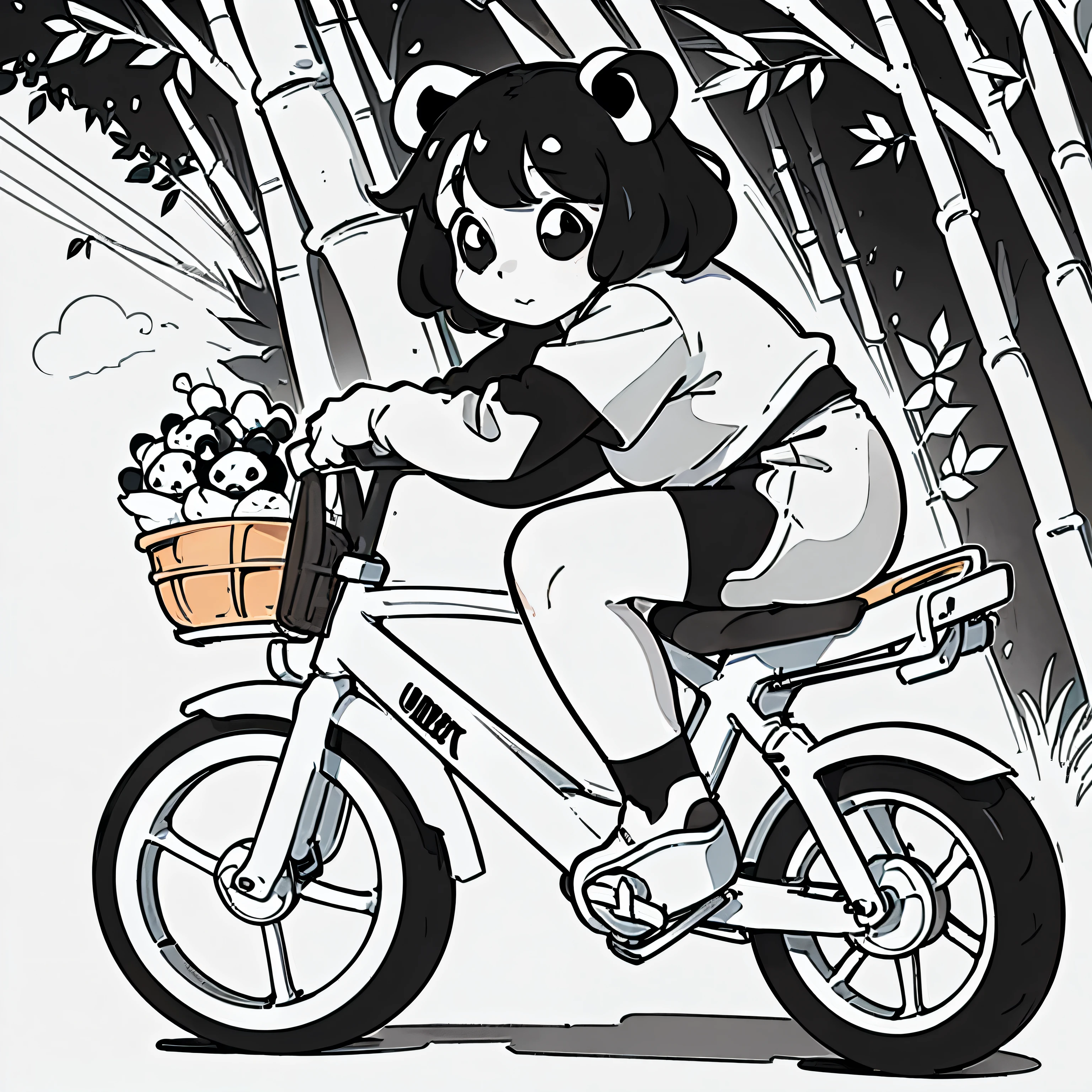 Masterpiece, coloring-book, line art, perfect line art, comic style, pandas bicycling on bamboo-street, black and white white-only