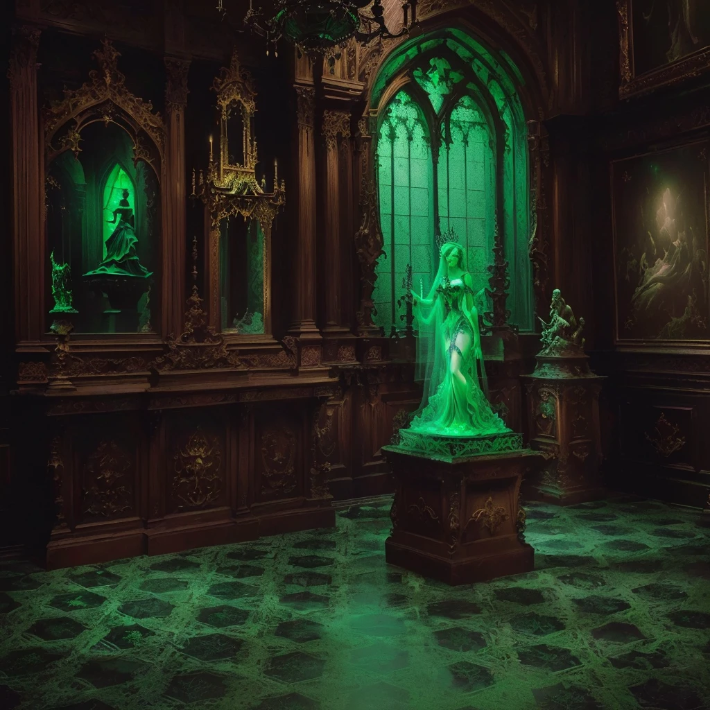 dimly lit room with statue and green light, Miss Angel, An ornate palace in green, room in a gothic mansion, Inside an epic Gothic castle, Gothic interior, checkmate collishaw, Gothic atmosphere, Gothic Epic Library, inspired by Elsa Bleda, inside her surreal VR castle, swirling green haunted souls, baroque vapor wave statue, exciting atmosphere
