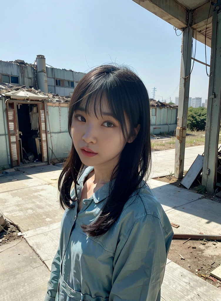(an) Asian woman, (Fallout) jumpsuit,(blue:1.1) ,(apocalyptic,post-apocalyptic) world, (dusty:dusty:1.1) ,(half-destroyed) standing buildings, (background),(grim,desolate) atmosphere, (eerie:somber:0.9), (ruins),(desolation),(devastation), (debris),(overgrown) vegetation, (faded) colors, (haunting:0.9) , (mysterious), (ominous:0.9) lighting