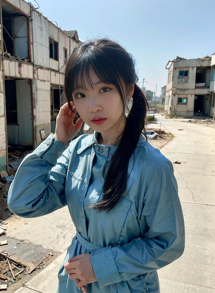 (an) Asian woman, (Fallout) jumpsuit,(blue:1.1) ,(apocalyptic,post-apocalyptic) world, (dusty:dusty:1.1) ,(half-destroyed) standing buildings, (background),(grim,desolate) atmosphere, (eerie:somber:0.9), (ruins),(desolation),(devastation), (debris),(overgrown) vegetation, (faded) colors, (haunting:0.9) , (mysterious), (ominous:0.9) lighting