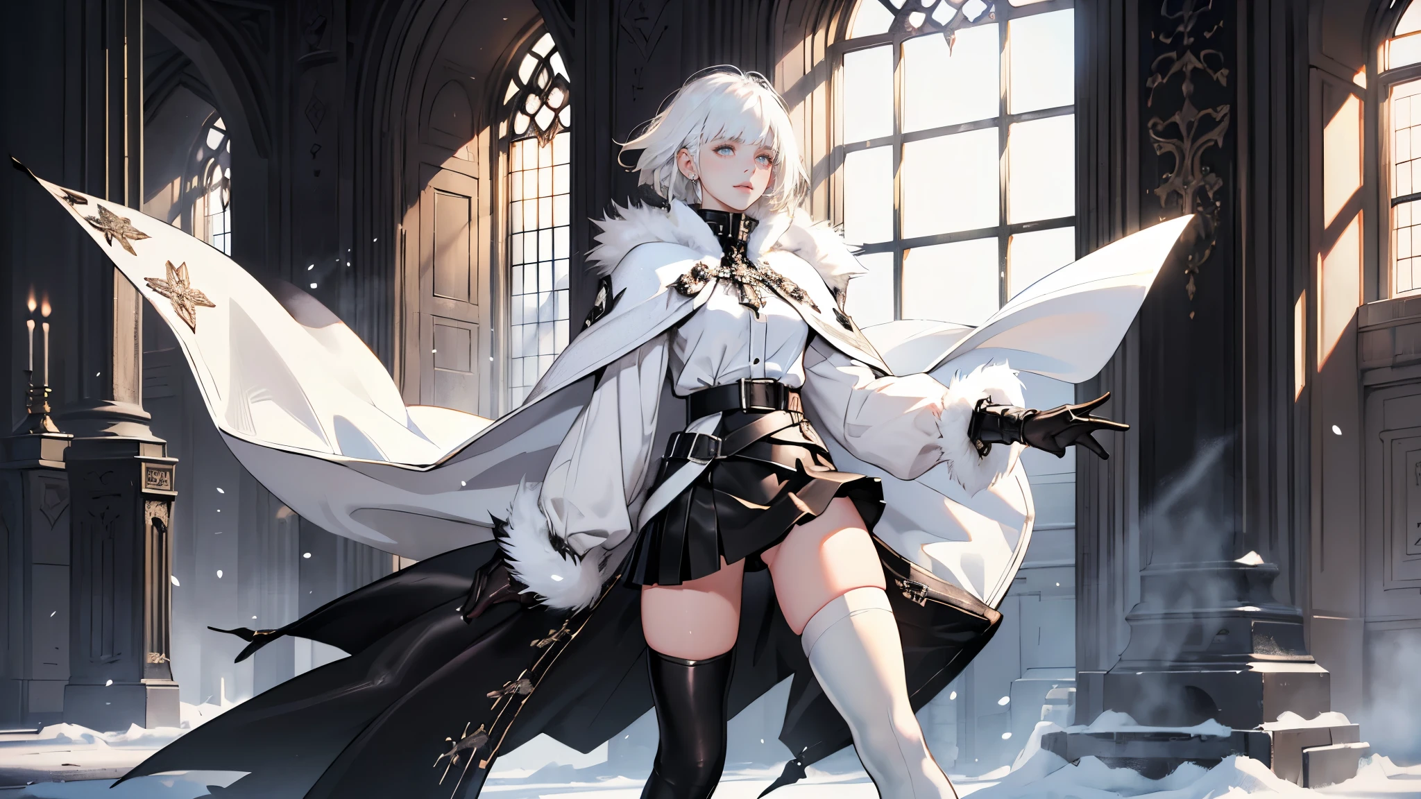 masterpiece, ultra detailed, 8k portrait, RAW photo, portrait photography, highly detailed face, beautiful and meticulous eyes, ((Fantasy)), Young beautiful, , Princess, cute pose, (((short bobbed white hair))), blunt bangs, (((White skin color))), Luxury, hooded (((black fur coat))) fluttering in the wind, (((chunky black low-exposure Blouse))), (((leather short skirt))), (((white thigh high tights))), leather boots, Midday Sun, hyper realistic, Body model, Small breasts, Beautiful breasts, Long legs, fireplace side In the castle of snow kingdom, Ambient lighting, Shadow details , Camera focus on face, strong breeze, Light fog