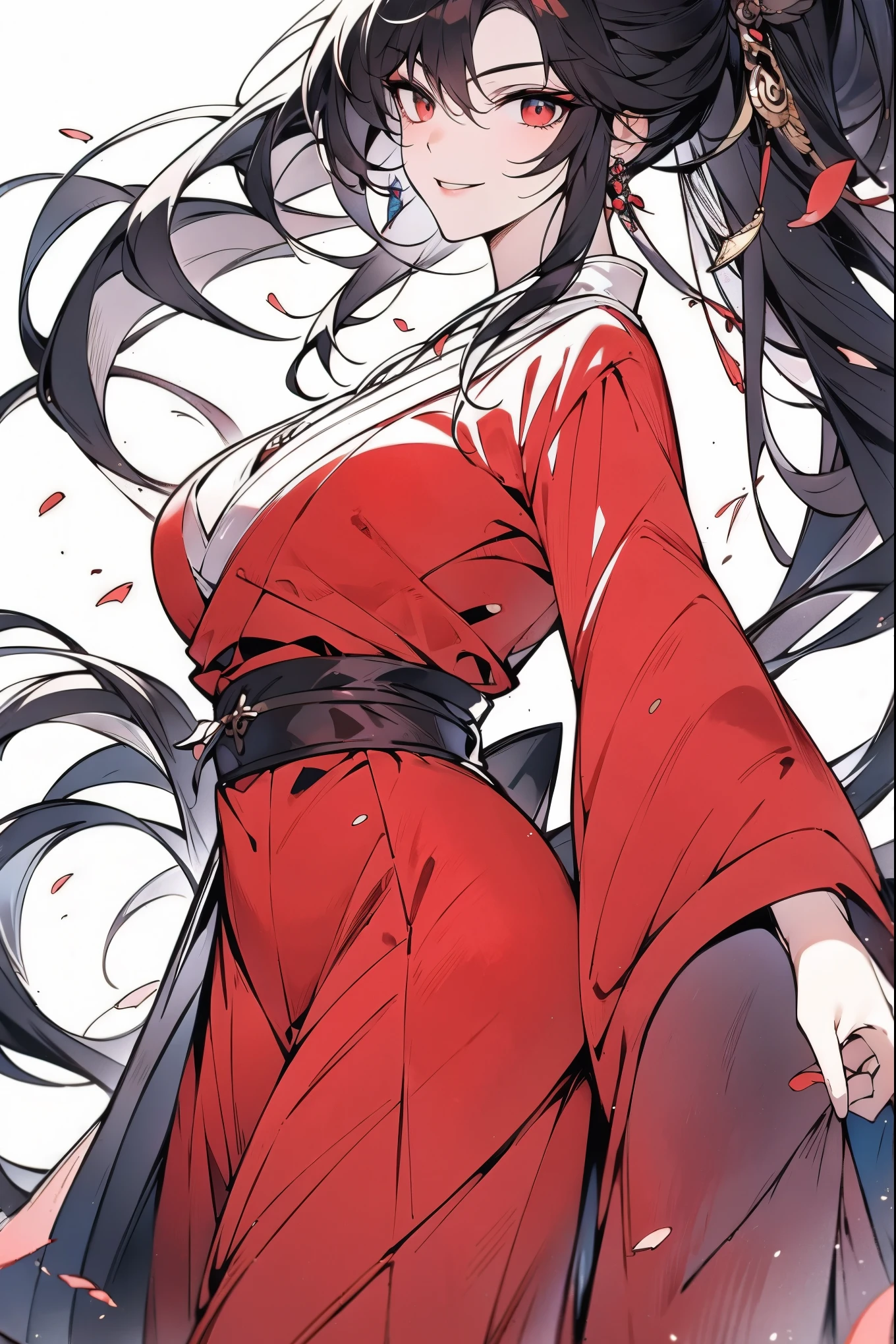 (masterpiece),(Highest quality),(Best details),(High Definition),(Beautiful works),(Full body picture),((Chinese fantasy style)),1girl,Perfect body,full,white hair,Red eyes,((hanfu)),(((Villain image))),((Beautiful clear eyes)),((Proud smile)),((Simple plain white background))