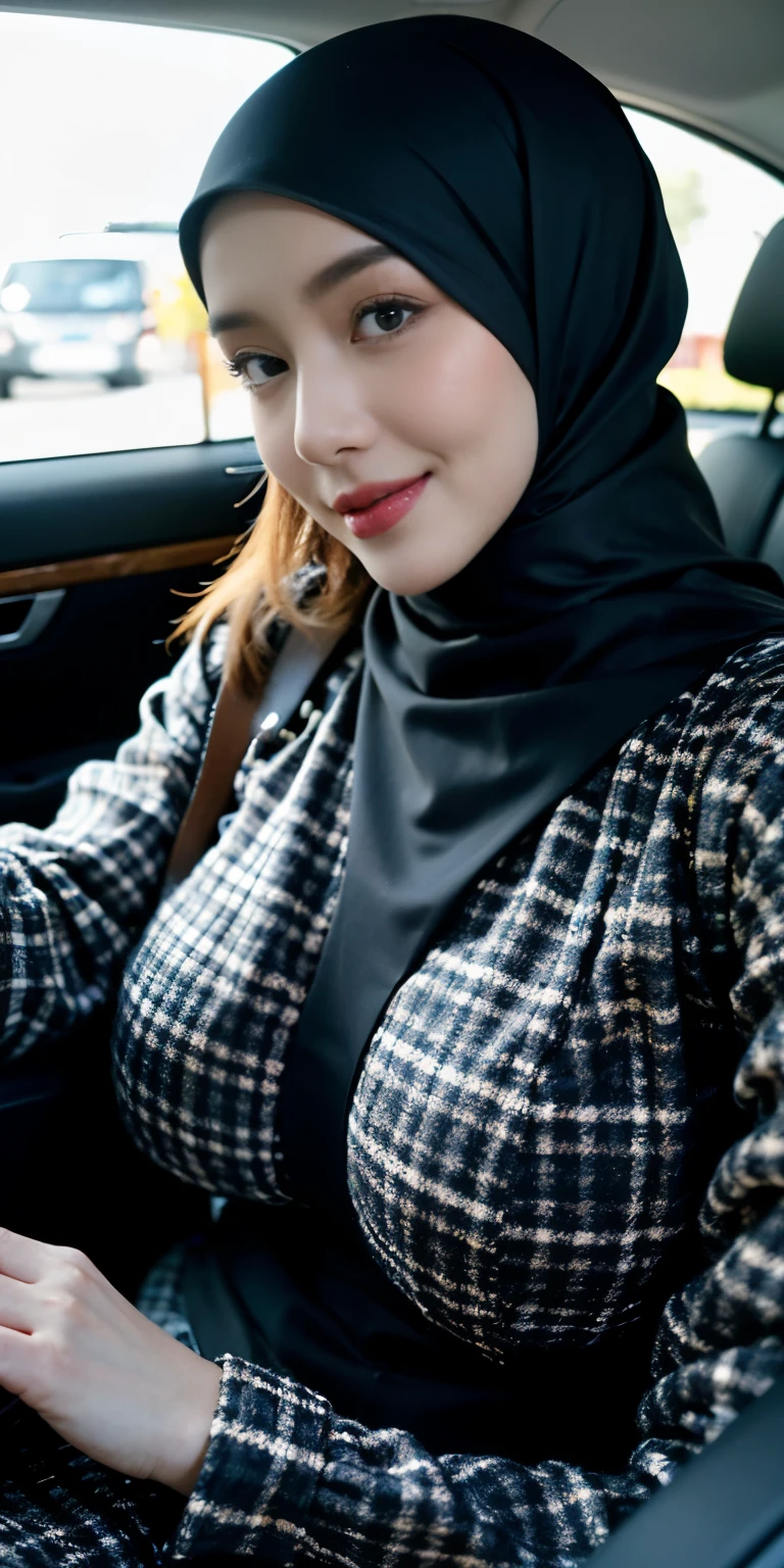 1 lady, wearing a tight flannel shirt, tight shirt, sitting in front passenger seat, (wearing a black hijab), (huge breast 1.6), sweet, kawaii, (soft light, details), taking a selfie, half body shot