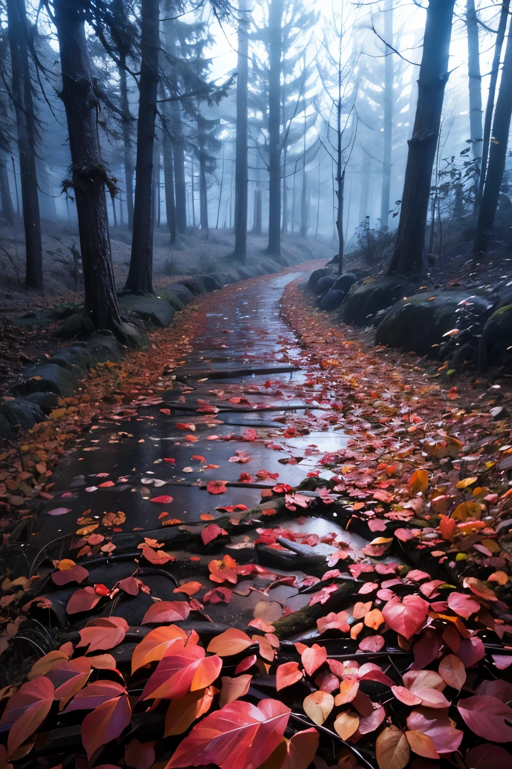 the thick of the forest, late autumn forest, fallen leaves, are trees, fog, red leaves, cloudy day, high quality photorealistic image, 8K, high detail, perfect precision, perfect composition, Elegant and charming, realistic style, gray colors, shadows, clear details, HD quality, higher lighting style,