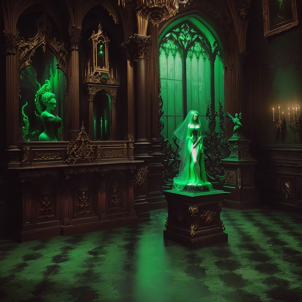dimly lit room with statue and green light, Miss Angel, An ornate palace in green, room in a gothic mansion, Inside an epic Gothic castle, Gothic interior, checkmate collishaw, Gothic atmosphere, Gothic Epic Library, inspired by Elsa Bleda, inside her surreal VR castle, swirling green haunted souls, baroque vapor wave statue, exciting atmosphere