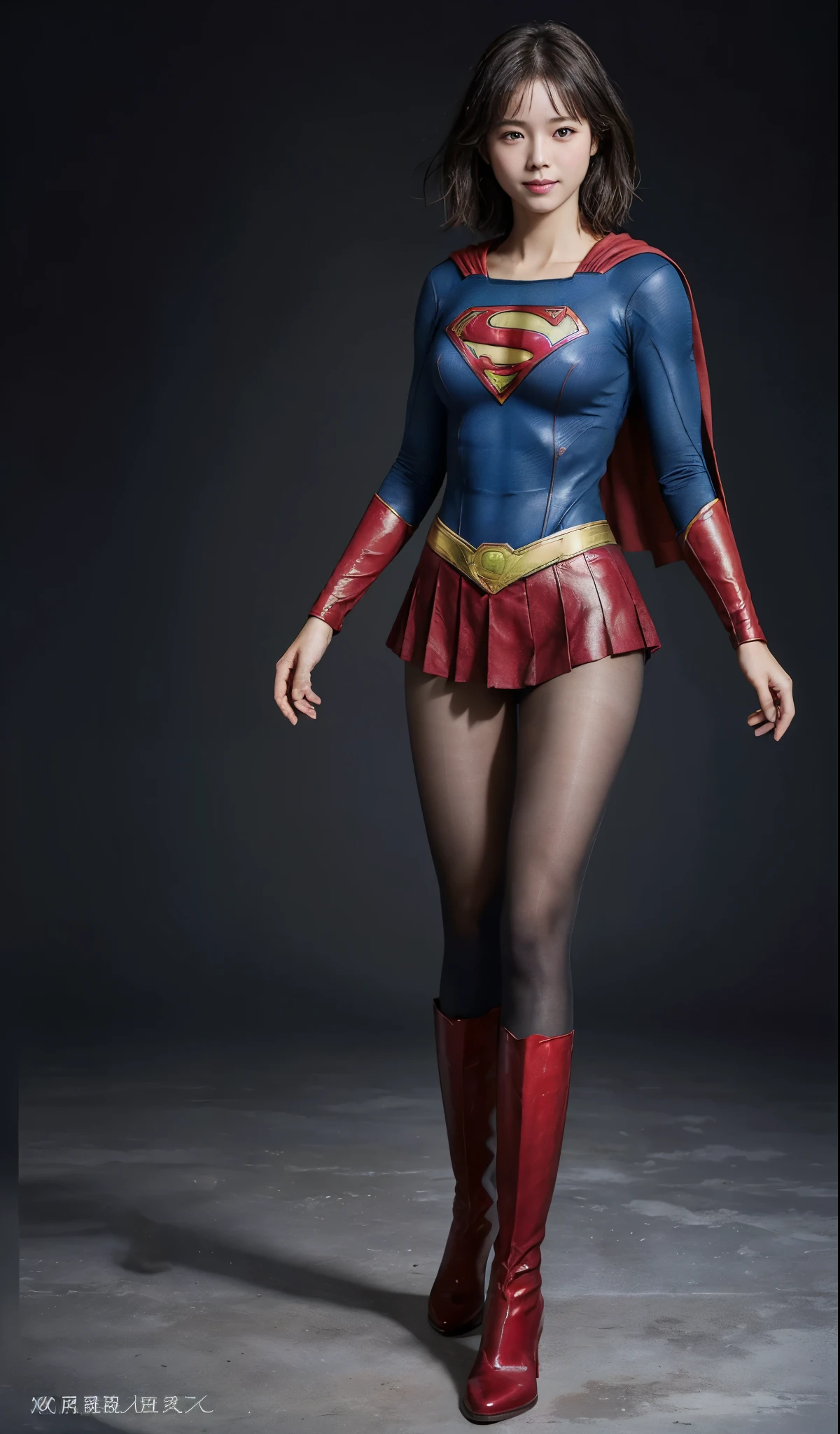 No background、(((Beautiful legs in black tights.)))、(((Legally express the beauty of your smile)))、((((Make the most of your original images)))、(((Supergirl Costume)))、(((Beautiful short bob hair)))、(((suffering)))、(((Please wear black tights....、Wear red boots)))、((Best image quality、8k))、((highest quality、8k、masterpiece:1.3))、(((Preserve background )))、Sharp focus:1.2、Beautiful woman with perfect figure:1.4、Slim Abs:1.2、Wet body:1.5、Highly detailed face and skin texture、8k