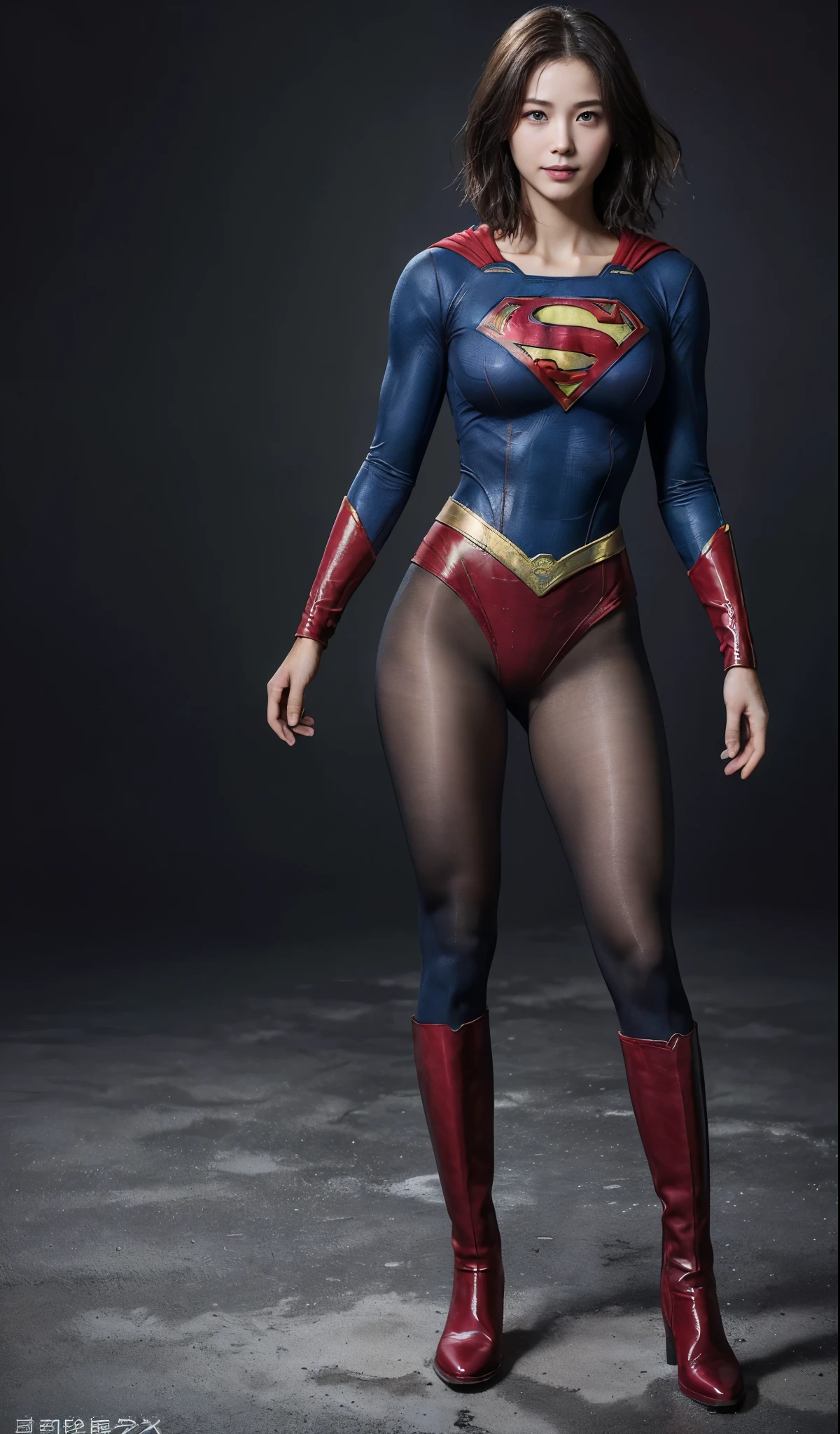 No background、(((Beautiful legs in black tights.)))、(((Legally express the beauty of your smile)))、((((Make the most of your original images)))、(((Supergirl Costume)))、(((Beautiful short bob hair)))、(((suffering)))、(((Please wear black tights....、Wear red boots)))、((Best image quality、8k))、((highest quality、8k、masterpiece:1.3))、(((Preserve background )))、Sharp focus:1.2、Beautiful woman with perfect figure:1.4、Slim Abs:1.2、Wet body:1.5、Highly detailed face and skin texture、8k