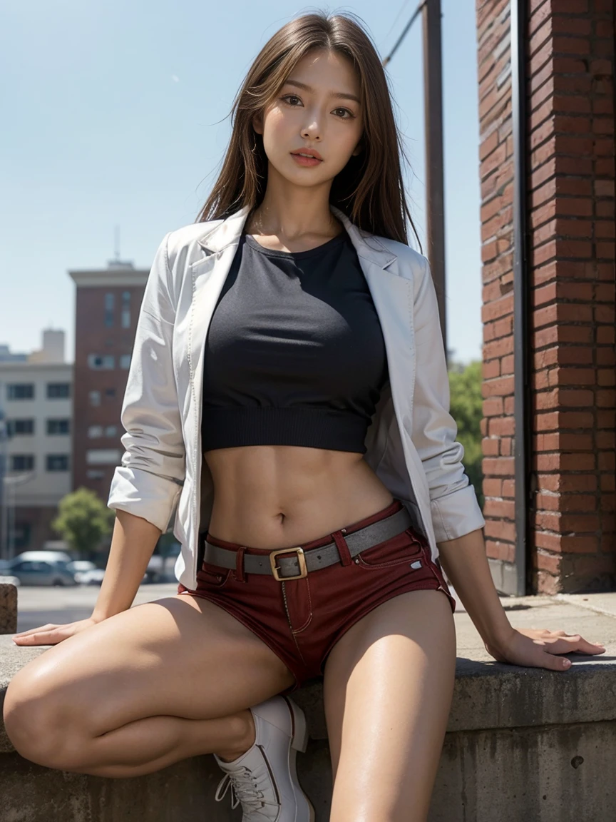 masterpiece,highest quality,High resolution,Full Body View,White jacket,Red innerwear,Belly button,Belted denim mini shorts,The heroine in white cowboy boots,Perfect Legs,Perfect Skin,Perfect Arms,Abdominal muscles,The background is an abandoned factory