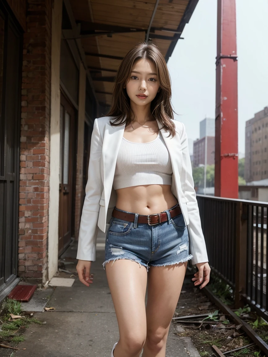 masterpiece,highest quality,High resolution,Full Body View,White jacket,Red innerwear,Belly button,Belted denim mini shorts,The heroine in white cowboy boots,Perfect Legs,Perfect Skin,Perfect Arms,Abdominal muscles,The background is an abandoned factory