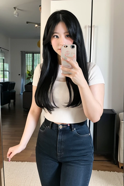 A 30-year-old woman with long black hair and a slightly chubby figure、Selfie taken at home