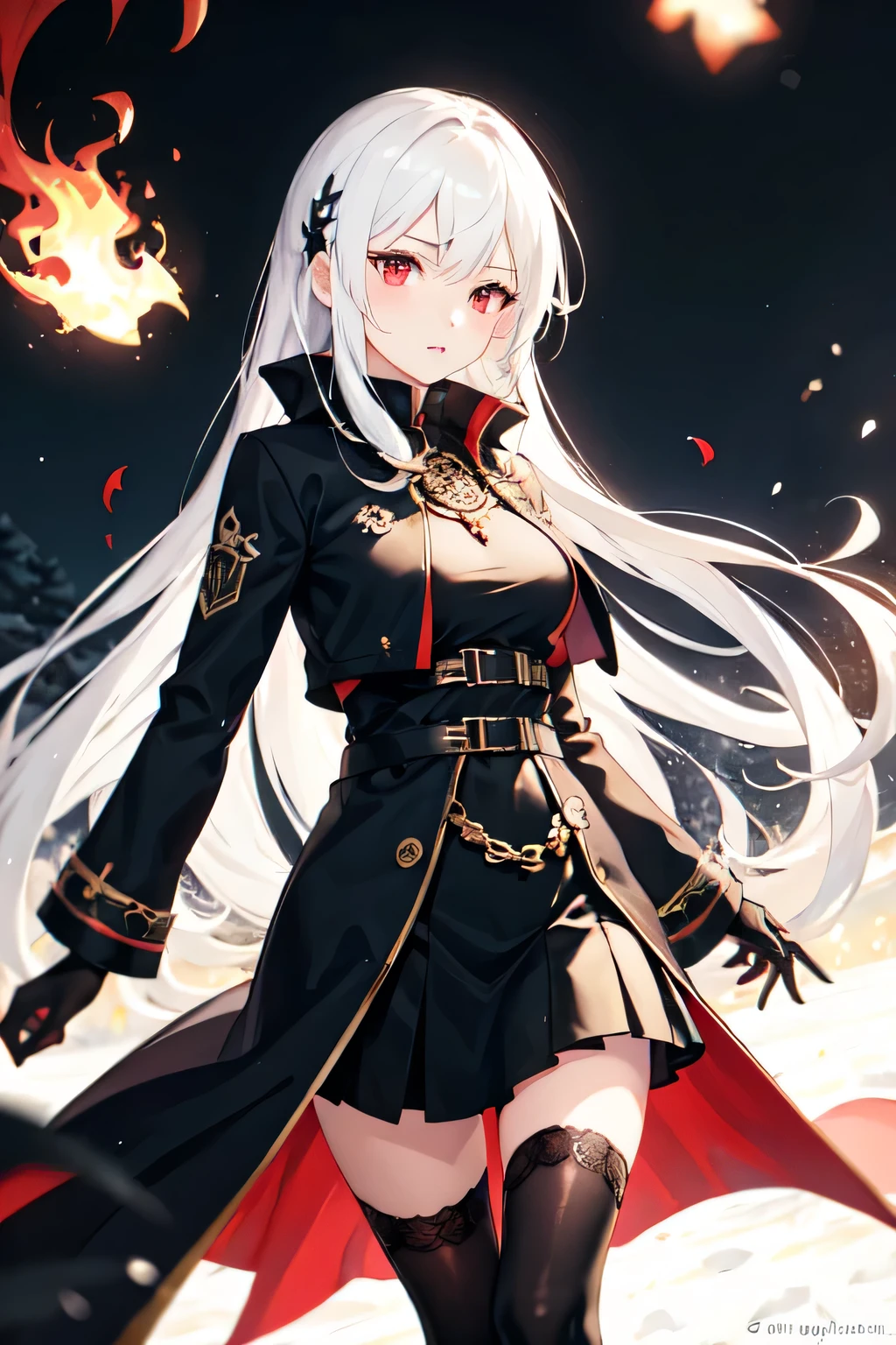 1 Girl, Western dress, Straight long hair ,white hair, Red eyes, Magic Circle, Blue flame, wallpaper, landscape, splatter, Depth of Field, night, Light Particles, light, Side Light, thigh, destiny \(series\),Black jacket, skirt,vampire,High and cold,Over-the-knee black stockings,24 years old black robe