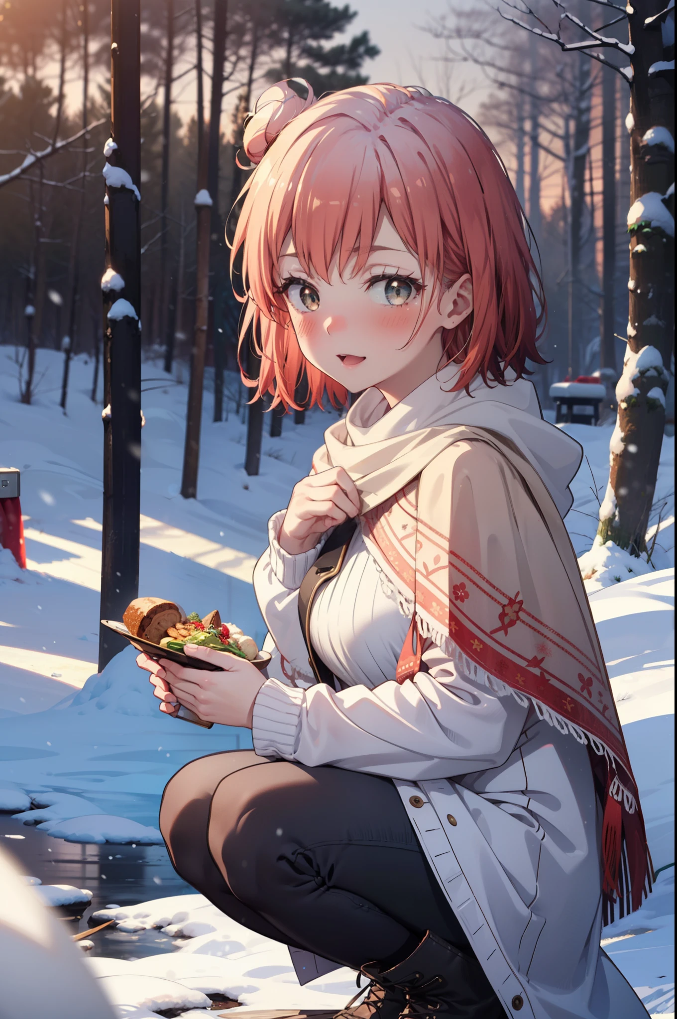 yuiyuigahama, yui yuigahama, short hair, (Brown eyes:1.5), (Pink Hair:1.2), Hair Bun, single Hair Bun, smile, (Big Breasts:1.2),smile,blush,White Breath,
Open your mouth,snow,Ground bonfire, Outdoor, boots, snowing, From the side, wood, suitcase, Cape, Blurred, Increase your meals, forest, White handbag, nature,  Squat, Mouth closed, フードed Cape, winter, Written boundary depth, Black shoes, red Cape break looking at viewer, Upper Body, whole body, break Outdoor, forest, nature, break (masterpiece:1.2), highest quality, High resolution, unity 8k wallpaper, (shape:0.8), (Beautiful and beautiful eyes:1.6), Highly detailed face, Perfect lighting, Highly detailed CG, (Perfect hands, Perfect Anatomy),