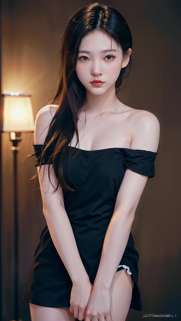 highest quality, masterpiece, ultra high resolution, (photorealistic:1.4), RAW photo,1 girl, alone, realistic, lips, (looking at the viewer), Upper body, simple background, brown eyes, black dress, off shoulder,Less cloth, naked portrait, nude photography, shiny nipple, show armpit 