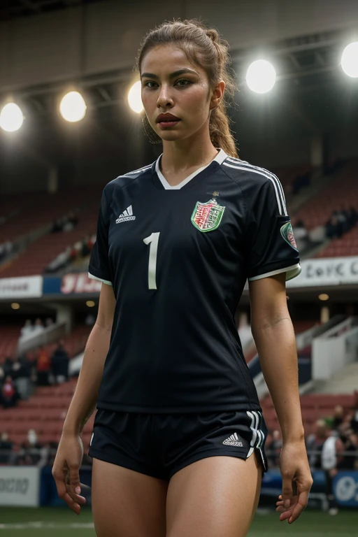highres,absurdres,masterpiece,best quality,original,extremely detailed CG,extremely detailed wallpaper,perfect lighting,jitome,lips,makeup,standing on the stage,blurry background,
retrosoccer,vintage soccer uniforme, black soccer kit, black jersey 