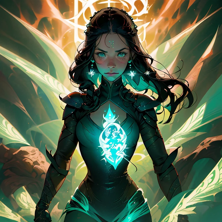 A tattooed (Evangeline Lilly :Alicia Vikander) with a powerful guerreira com espada flamejante de fogo verde. Detalhes luminosos azul, posicionamento de ataque