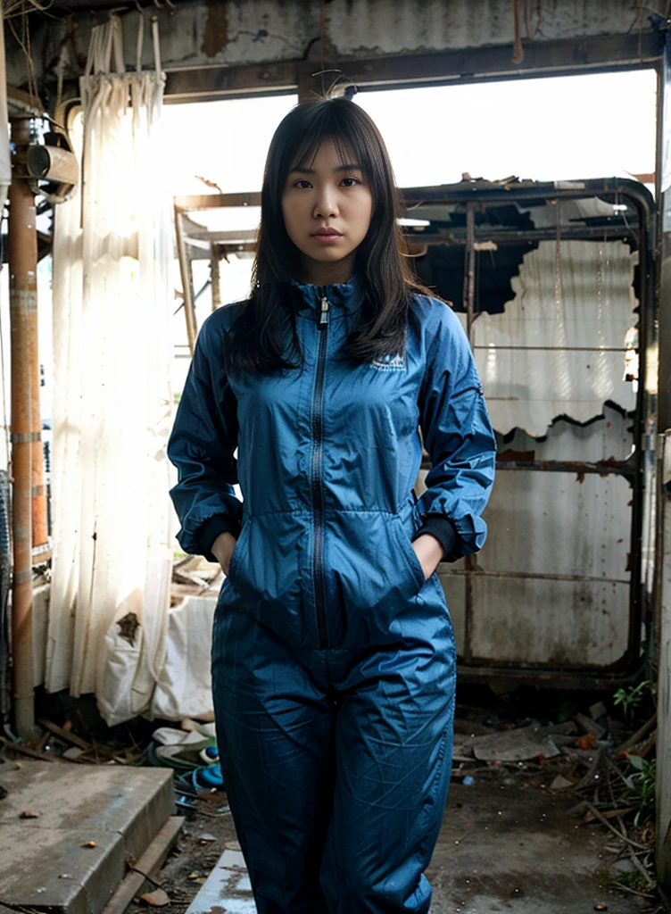 An Asian woman, wearing a Fallout jumpsuit, standing in an apocalyptic world. The jumpsuit is blue and enhances the atmosphere. The surroundings consist of half-destroyed buildings with a dusty appearance. The background depicts a grim and desolate atmosphere. The scene is eerie and somber with ruins and desolation all around. Debris is scattered, and vegetation is overgrown in the area. The colors in the scene are faded, giving it a haunting feeling. The lighting is mysterious and ominous, adding to the overall atmosphere.