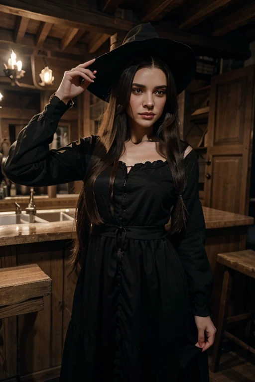 Witch with long hair without a hat in a long dress, conjures, bafomet, blood