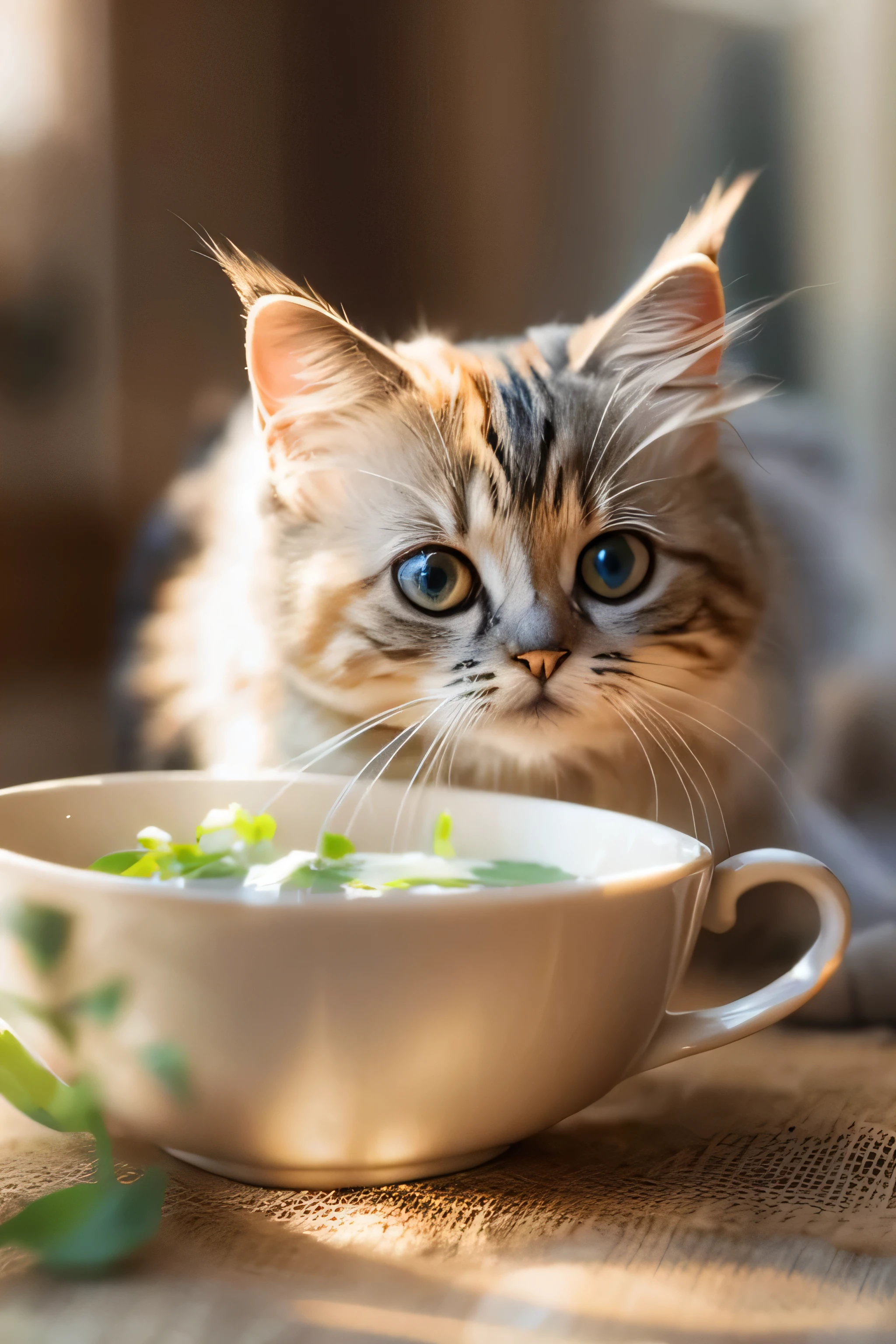 Cat, (Himalayan), (Small)))), in a teacup, Face, Front paws out, 8K, Professional photo, Delicate, Clear, On the table, Inside the house, Sunshine, Light Leak, Masterpiece, ((Pretty))), Fashionable Teacup, (Reality), Plush Toy, Round Pupils