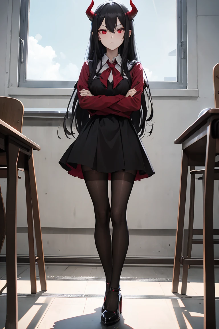 18 years old demon girl, long black hair, horns, red eyes, dress,pantyhose, heels , angry, standing with crossed arms in the class.