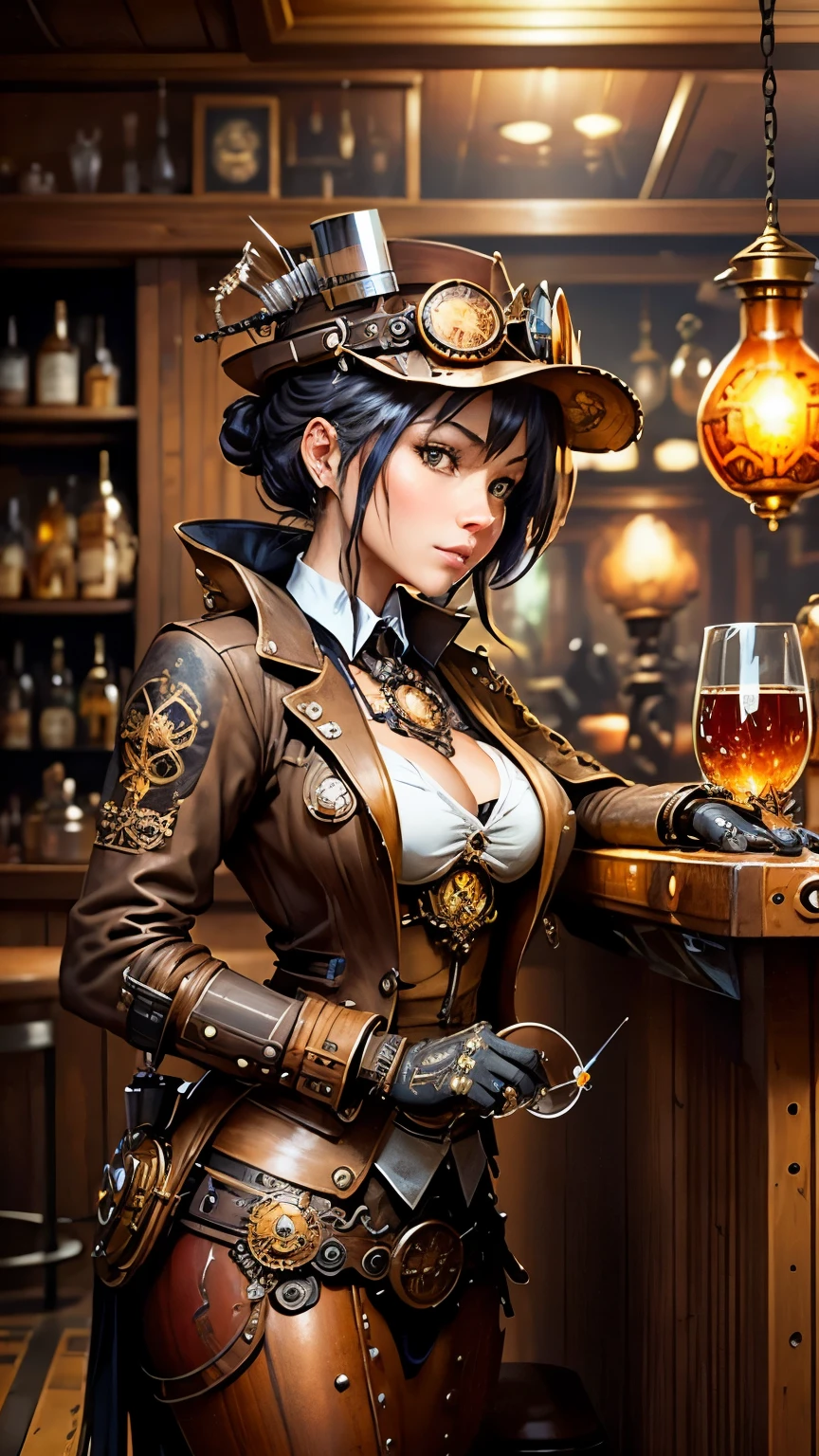 steampunkai。highest quality。Masterpiece。Detailed details。Steampunk style bar counter。A female bartender in a jacket and tie(((Polishing the glass)))。