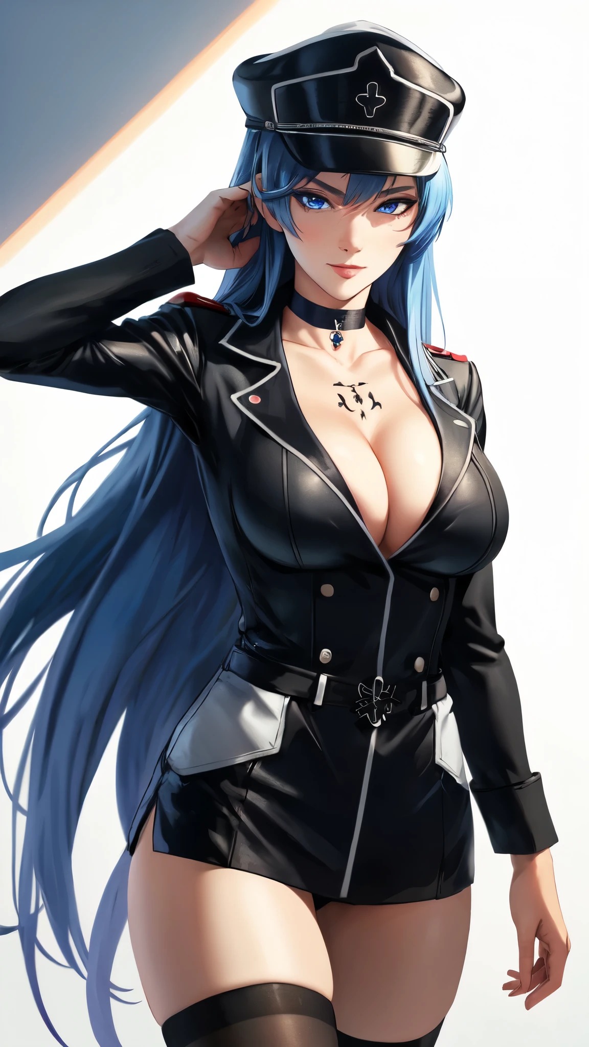 cleavage,masterpiece,best quality,highres,realistic,esdese, long_hair,hat,peaked_cap,blue_eyes,blue_hair,choker,very_long_hair,military_uniform,thighhighs,tattoo,