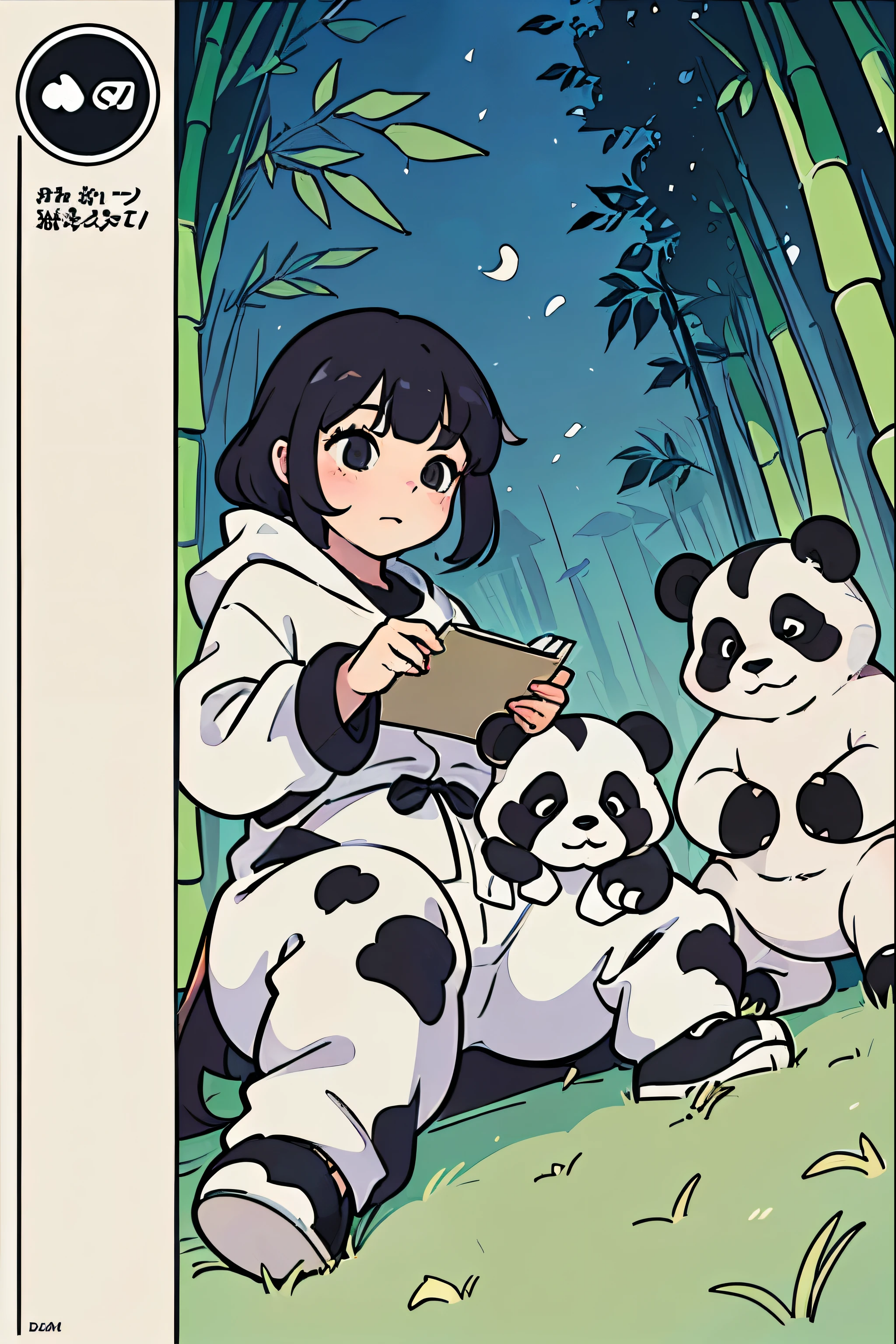 Masterpiece, coloring-book, line art, perfect line art, comic style, pandas in city of bamboo