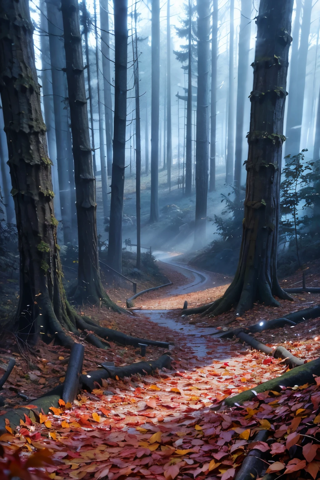 the thick of the forest, late autumn forest, fallen leaves, are trees, fog, red leaves, cloudy day, high quality photorealistic image, 8K, high detail, perfect precision, perfect composition, Elegant and charming, realistic style, gray colors, shadows, clear details, HD quality, higher lighting style, 