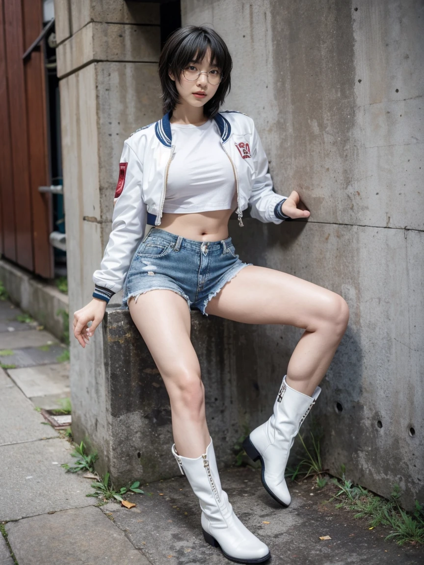 masterpiece,highest quality,High resolution,Full Body View,White jacket,Red innerwear,Belly button,Belted denim mini shorts,The heroine in white cowboy boots,Perfect Legs,Perfect Skin,Perfect Arms,Abdominal muscles,The background is an abandoned factory