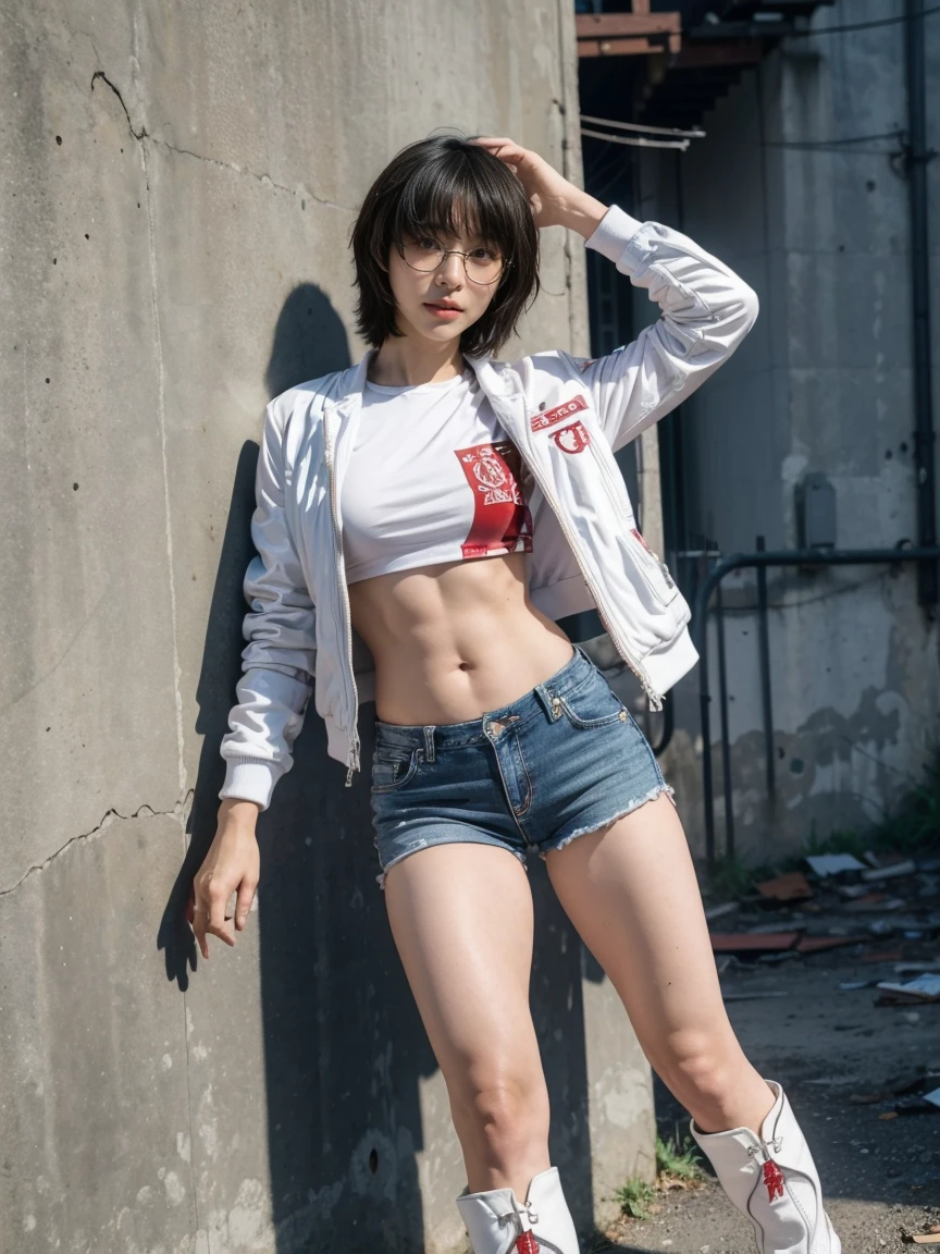 masterpiece,highest quality,High resolution,Full Body View,White jacket,Red innerwear,Belly button,Belted denim mini shorts,The heroine in white cowboy boots,Perfect Legs,Perfect Skin,Perfect Arms,Abdominal muscles,The background is an abandoned factory