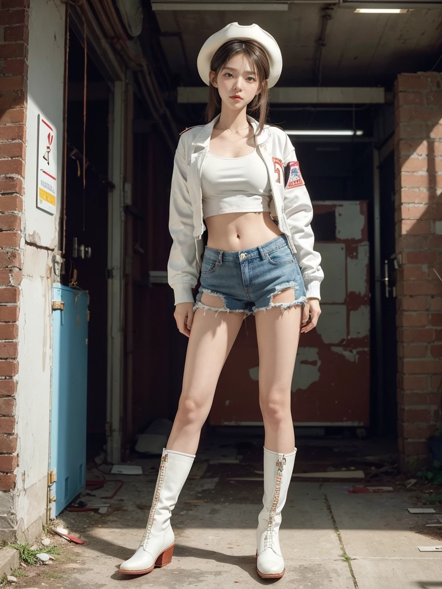 masterpiece,highest quality,High resolution,Full Body View,White jacket,Red innerwear,Belly button,Belted denim mini shorts,The heroine in white cowboy boots,Perfect Legs,Perfect Skin,Perfect Arms,Abdominal muscles,The background is an abandoned factory