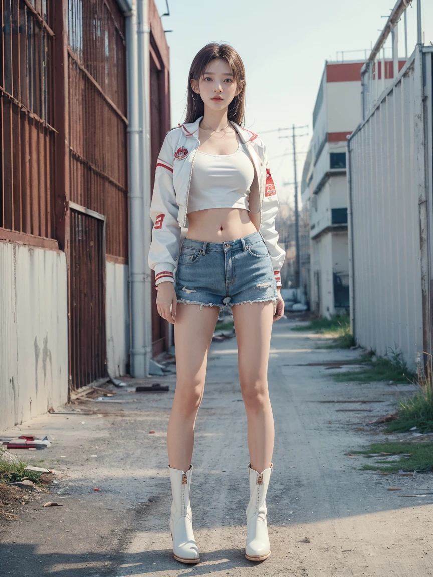 masterpiece,highest quality,High resolution,Full Body View,White jacket,Red innerwear,Belly button,Belted denim mini shorts,The heroine in white cowboy boots,Perfect Legs,Perfect Skin,Perfect Arms,Abdominal muscles,The background is an abandoned factory