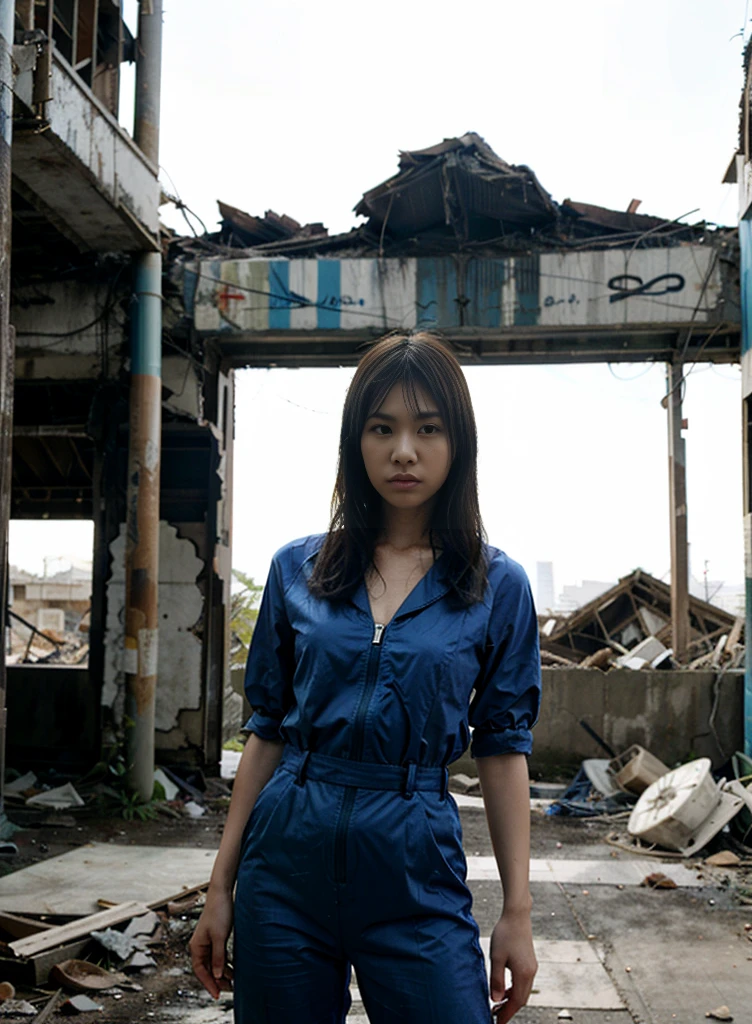 An Asian woman, dressed in a skin-tight Fallout jumpsuit, standing in an apocalyptic world. The jumpsuit is blue and enhances the mood. The surrounding area consists of half-destroyed, dusty-looking buildings. The background depicts a dark and desolate atmosphere. The scene is eerie and dark, with ruins and desolation all around. Debris is scattered and overgrown in the area. The colors in the scene are faded, giving it a haunting feeling. The lighting is mysterious and eerie, adding to the overall atmosphere.  