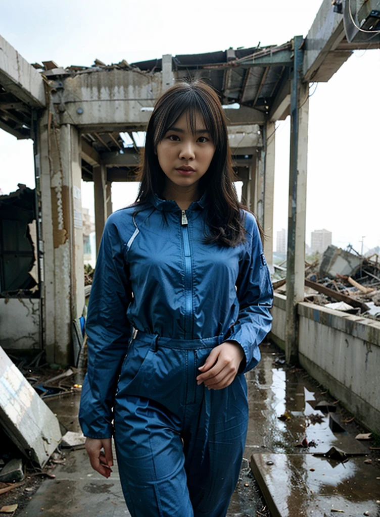 An Asian woman, dressed in a skin-tight Fallout jumpsuit, standing in an apocalyptic world. The jumpsuit is blue and enhances the mood. The surrounding area consists of half-destroyed, dusty-looking buildings. The background depicts a dark and desolate atmosphere. The scene is eerie and dark, with ruins and desolation all around. Debris is scattered and overgrown in the area. The colors in the scene are faded, giving it a haunting feeling. The lighting is mysterious and eerie, adding to the overall atmosphere.