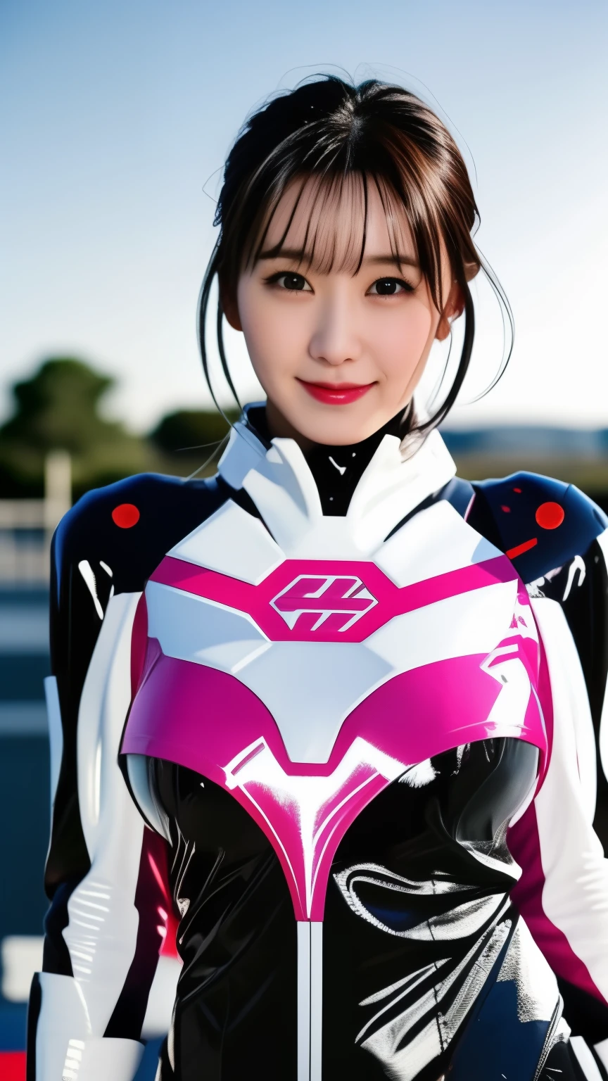 25 year old woman in a sexy pink and white shiny hero suit:1.5, highest quality, High resolution, 8k, One girl, (Huge breasts :1.5), Day, bright, Training Gym, (bangs,Black Hair,Medium Hair), Beautifully detailed skies, Soft lighting, Wind, Shiny skin, View your viewers, smile