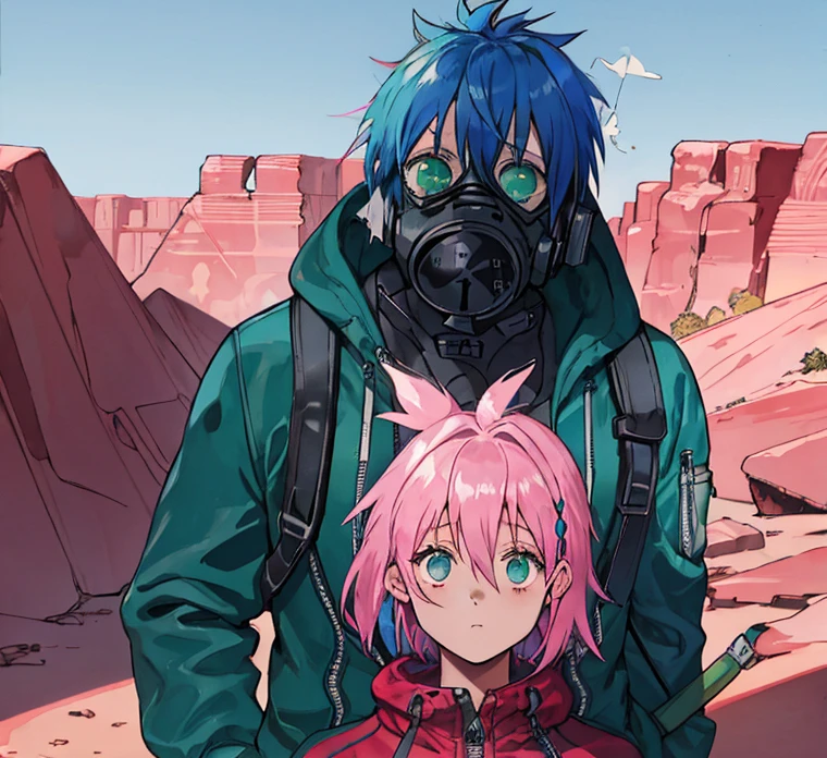 1girl, Short blue Shaggy Undercut Hair, pink mask, gas mask, Green Tracksuit, Desert, Lazy Eye, Big Large Breasts