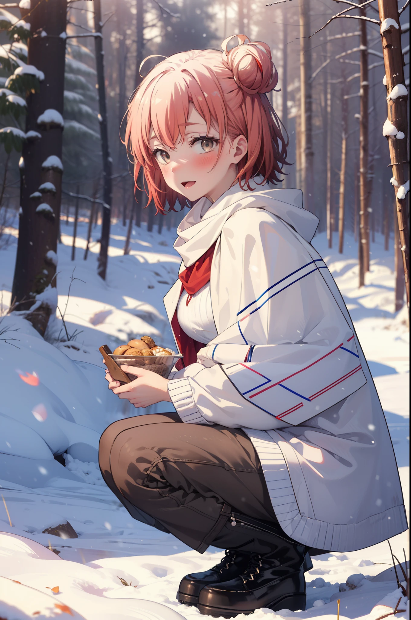 yuiyuigahama, yui yuigahama, short hair, (Brown eyes:1.5), (Pink Hair:1.2), Hair Bun, single Hair Bun, smile, (Big Breasts:1.2),smile,blush,White Breath,
Open your mouth,snow,Ground bonfire, Outdoor, boots, snowing, From the side, wood, suitcase, Cape, Blurred, Increase your meals, forest, White handbag, nature, Squat, Mouth closed, フードed Cape, winter, Written boundary depth, Black shoes, red Cape break looking at viewer, Upper Body, whole body, break Outdoor, forest, nature, break (masterpiece:1.2), highest quality, High resolution, unity 8k wallpaper, (shape:0.8), (Beautiful and beautiful eyes:1.6), Highly detailed face, Perfect lighting, Highly detailed CG, (Perfect hands, Perfect Anatomy),