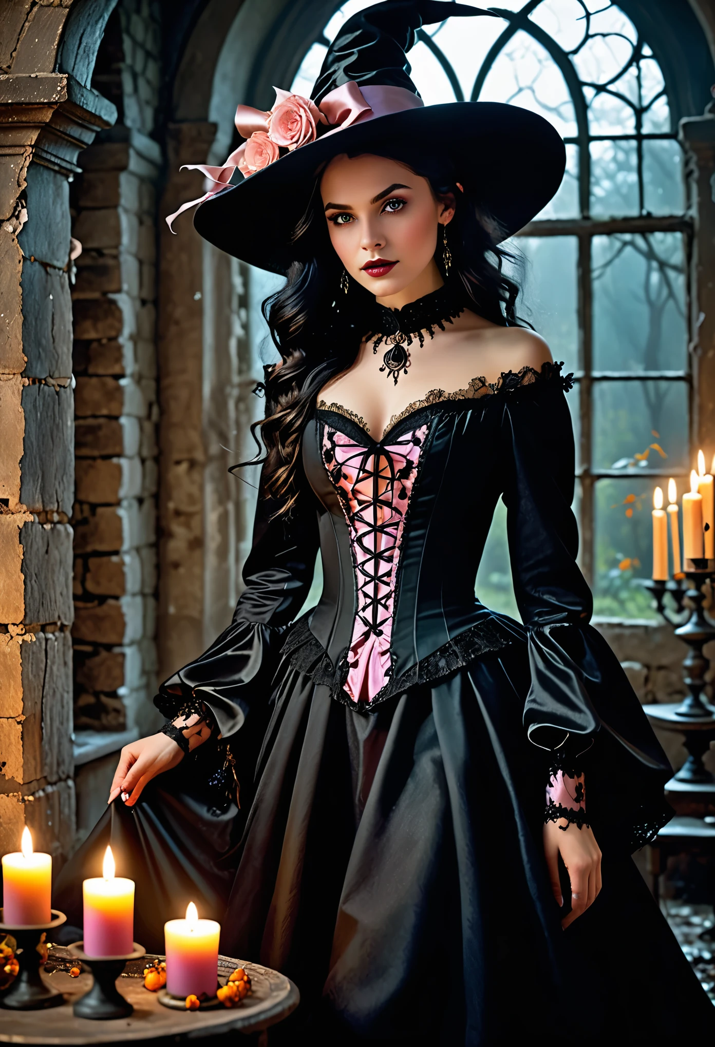 High resolution, 4K, 8K,best quality,ultra-detailed,realistic,photorealistic,best quality painting,detailed,physically-based rendering,ultra-fine painting,fine details,gothic fantasy setting,a teenage boy joins a witch coven and he gets magically transformed into a cute teenage witch girl,gender bending ritual,she embrace her new identity has a maiden of witchcraft and she’s eager to learn magic, blue-eyed,long black-haired girl looks happy,beautiful detailed eyes,beautiful detailed lips,long eyelashes,a group of friendly witches are helping dressing up the new girl in a stunning black victorian dress, physically-based rendering,gorgeous dress design,flowing gown,elaborate lace details,rich textures,contrast stitching,delicate ribbon bows,floral accents,full skirt,high neckline,long sleeves,fitted waistline,flared cuffs,lace-up back,luxurious fabrics,flawless silhouette,high heels, pink-eyed girl,effeminate face,pointy hat,high heels,corset,long black hair,witches assisting in dressing up the new girl in a stunning black Victorian dress, feminine and elegant movements, inside an abandoned castle with worned out furniture and occult symbol, moonlit night with a full moon shining above, soft and ethereal lighting, whimsical and enchanting atmosphere, breathtaking and bewitching nature, a sense of empowerment and self-discovery.