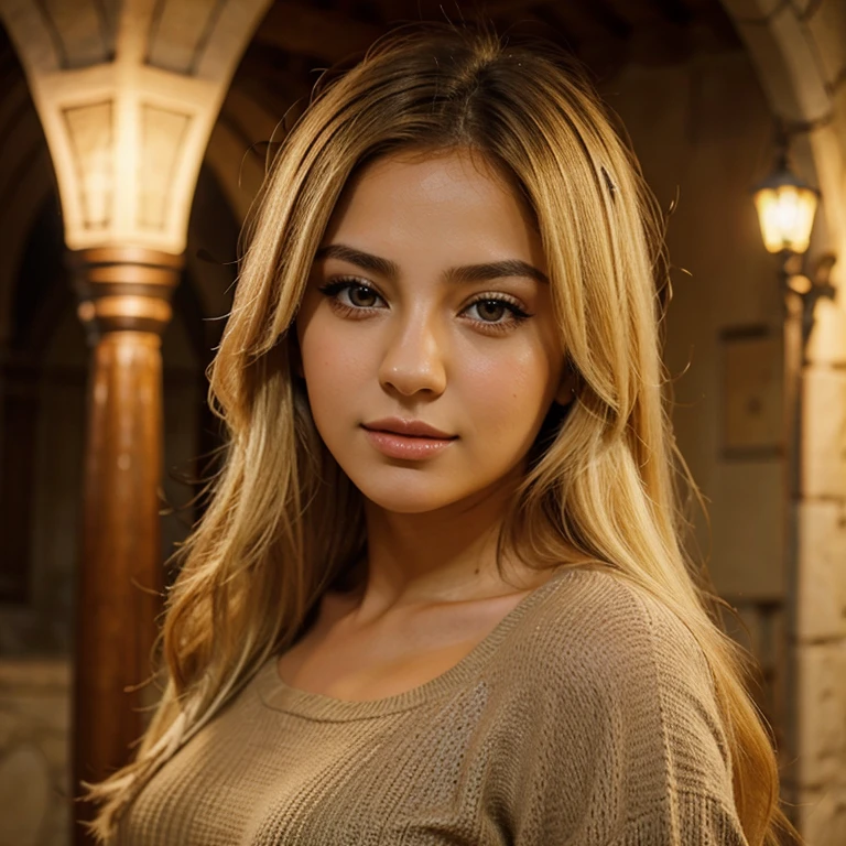 Create a beautiful Turkish girl with blonde hair and brown eyes