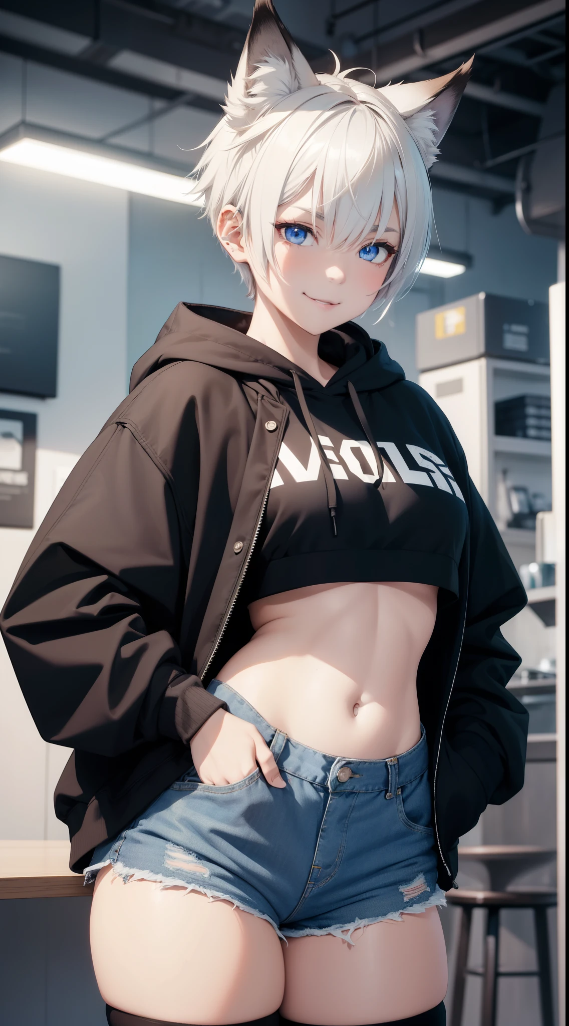 Masterpiece, wide smile, boyish girl with short (white hair), punk hair style, half shaved hair style, (horny face expression), has wolf ears, had wolf tail, wearing denim shorts and a cropped black hoodie, thick thighs, wide hips, wearing thigh high socks, solo, alone, no wolves, showing belly, has glowing blue eyes, flat chest, Comics, fantasia, sfw, onis