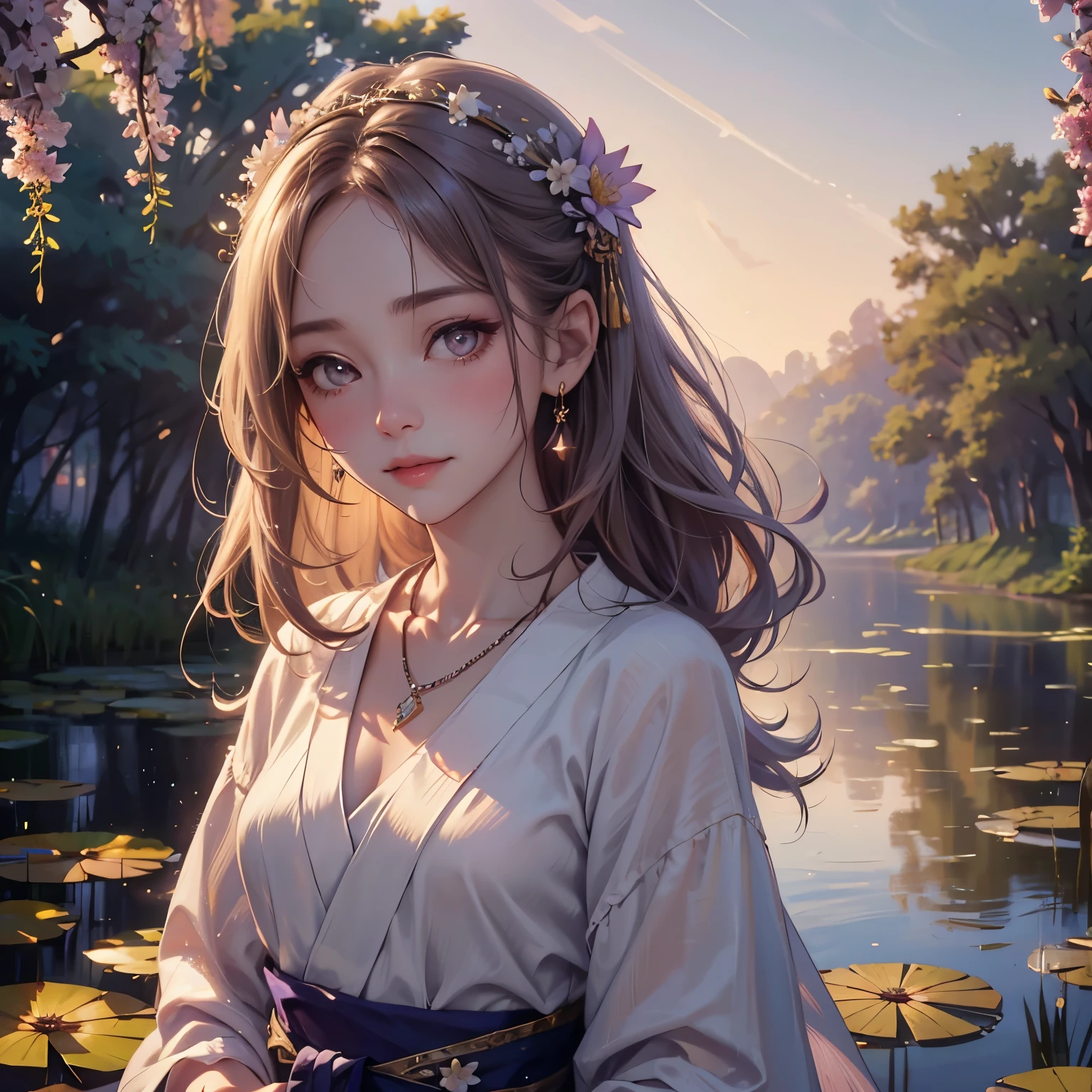 Superb Quality, Masterpiece, High Resolution, 1Girl, Blush, (Seductive Smile: 0.8), Star Pupil, Chinese Hanfu Lilac, Hair Accessories, Necklace, Jewelry, Beauty, on_body, Tyndall Effect, Realism, Lotus Pond, Light Edge, Two-tone Lighting, (High Detail Skin: 1.2), 8K UHD, DSLR, Soft Light, High Quality, Volume Lighting, Candid Photo, High Resolution, 4K, 8K, Background Bokeh