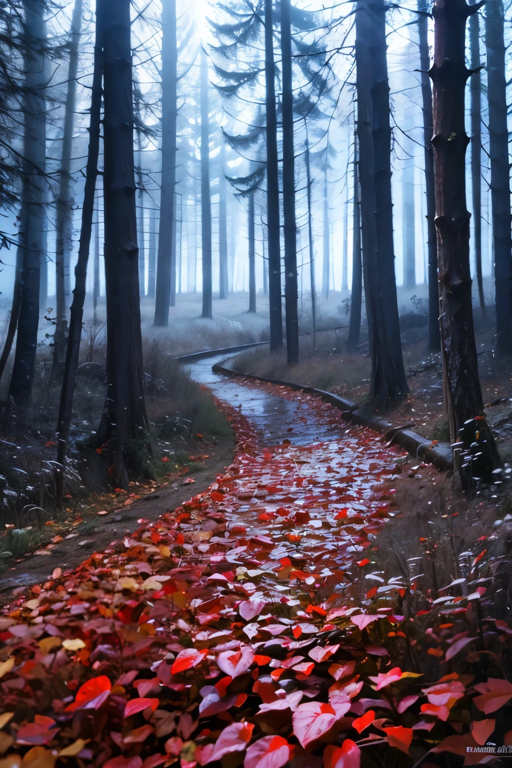 the thick of the forest, late autumn forest, fallen leaves, are trees, fog, red leaves, cloudy day, high quality photorealistic image, 8K, high detail, perfect precision, perfect composition, Elegant and charming, realistic style, gray colors, shadows, clear details, HD quality, higher lighting style, 