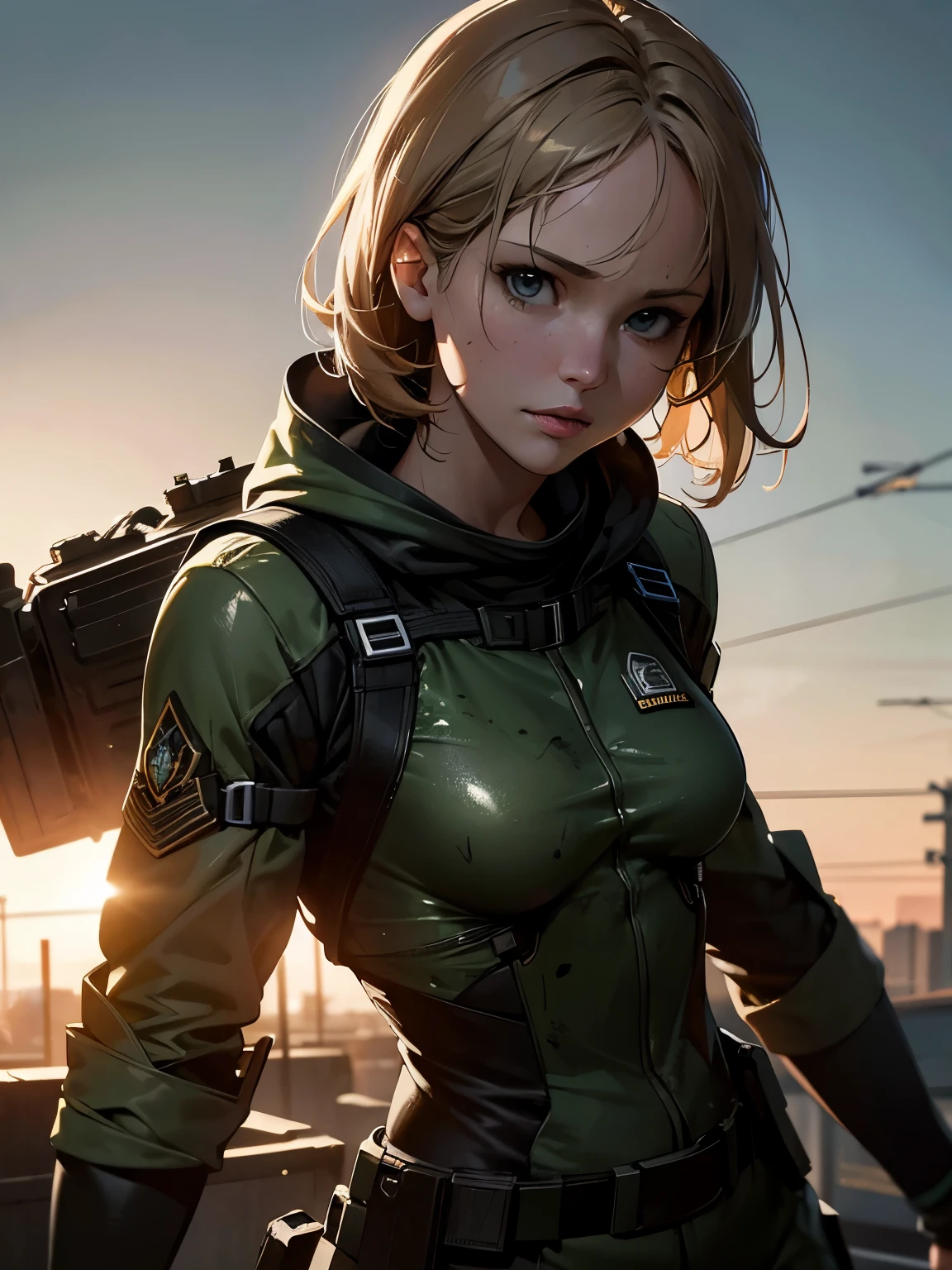 Jennifer Lawrence in a Special Forces suit, Natural Breasts, High resolution, Realistic art, Fighting zombies, 1 mature female, One mature woman, alone, On the roof, Green blood splatter, Serious face, Ray tracing with closed mouth, Perfect lighting, Perfect detail,