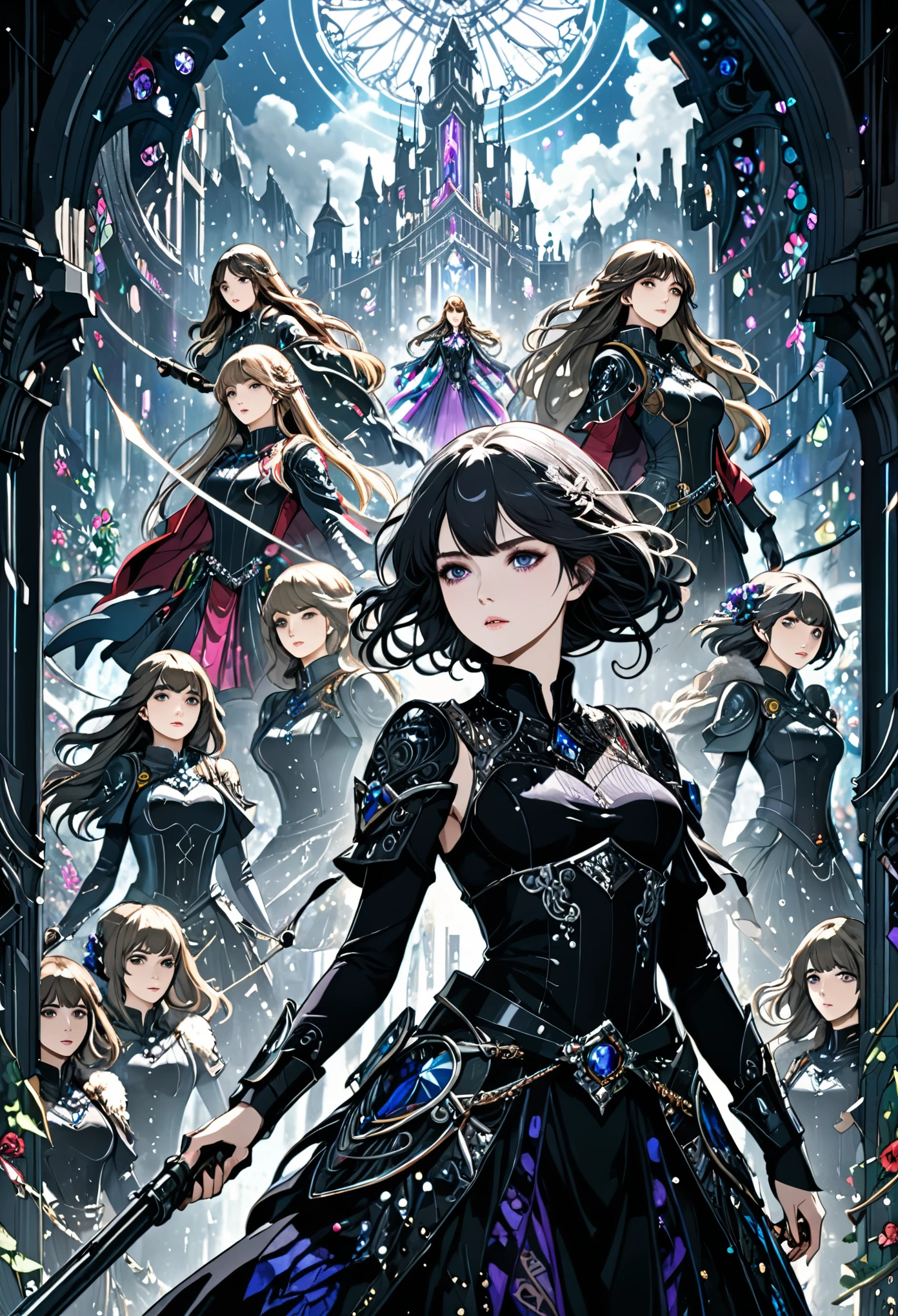 (solo fucos:2.0)，Masterpiece,Best Quality,Hyper Detailed,Cinematic Light,Intricate Detail,Highres,Official Art,Finely Detailed,High Resolution Illustration,8k,Dark Intense Shadows,Detailed Background,in style of Harry Clarke,(Multiple Girls:2.0)，Dynamic Action，Animated emoticons，Heavy weapons，poster design，