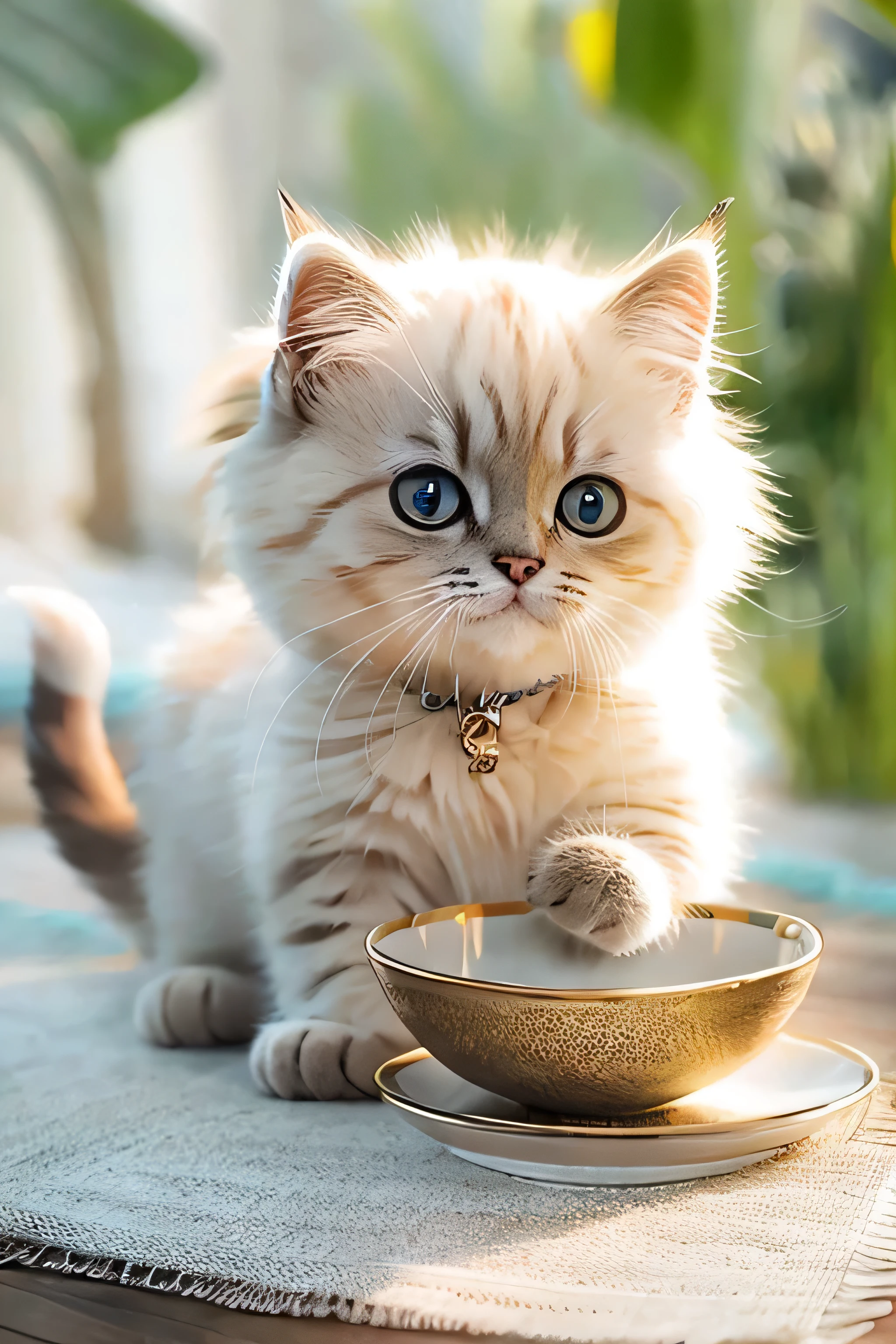 Cat, (Himalayan), (Small)))), in a teacup, Face, Front paws out, 8K, Professional photo, Delicate, Clear, On the table, Inside the house, Sunshine, Light Leak, Masterpiece, ((Pretty))), Fashionable Teacup, (Reality), Plush Toy, Round Pupils