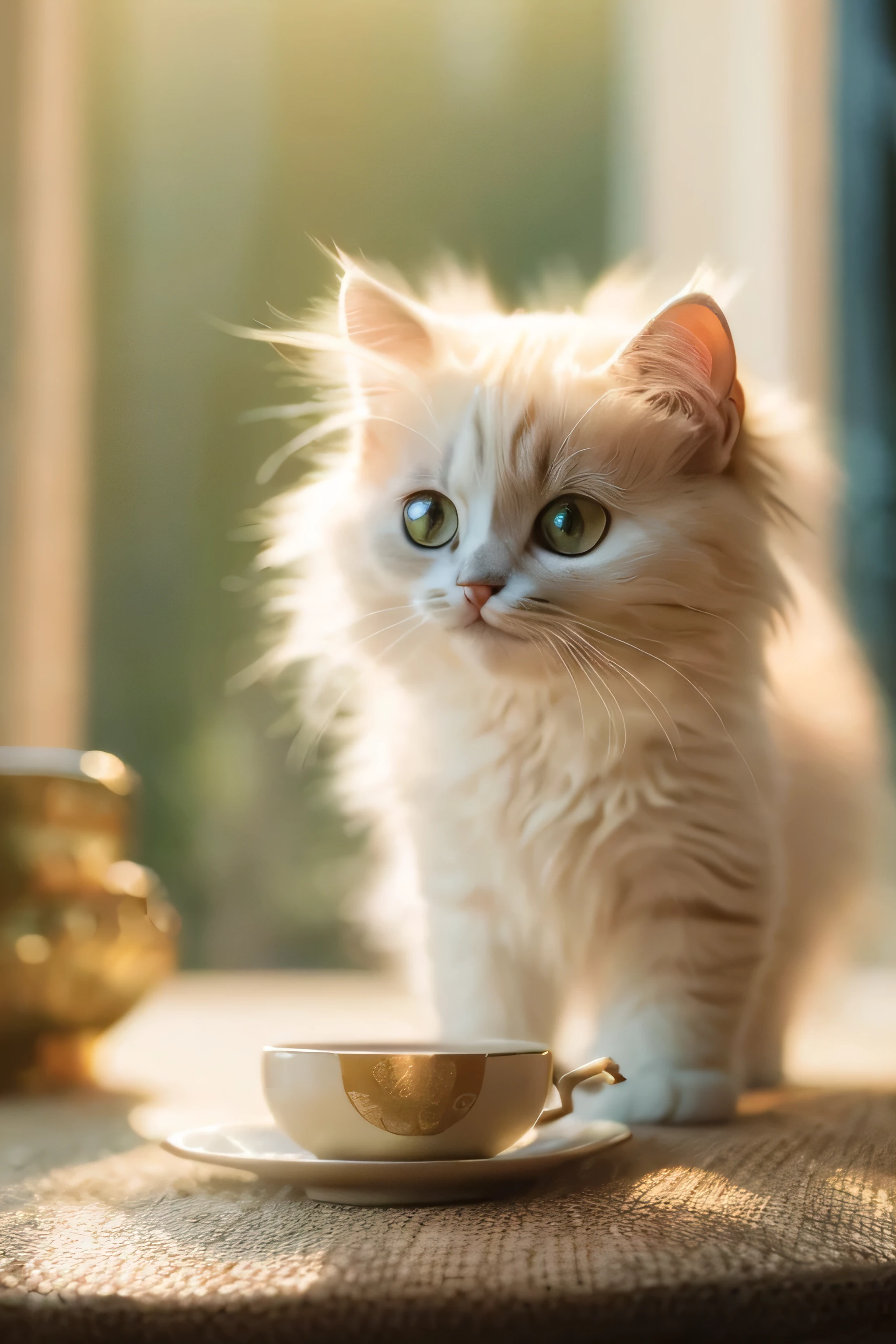 Cat, (Himalayan), (Small)))), in a teacup, Face, Front paws out, 8K, Professional photo, Delicate, Clear, On the table, Inside the house, Sunshine, Light Leak, Masterpiece, ((Pretty))), Fashionable Teacup, (Reality), Plush Toy, Round Pupils