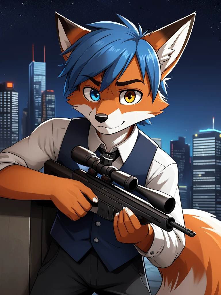 Tod (movie: the fox and the hound), a furry fox, furry, male, red-orange fur, white fur, one fox tail, dark blue hair, two blogs haircut, medium length blue hair, lean, black trousers, blue vest, white shirt, medium length sleeves, black tie, outdoor, city, top of the skyscraper, night, galaxy, starsky, heterochromia, blue left eye, yellow-red right eye, young guy, youth, alone, single, cartoony, illustration, detailed eyes, sharp focus, smooth colors, smooth lining, sniper rifle, Remington MSR, black and white sniper, fixed gun, aiming, scope in, shooting, frown, depressed, sad