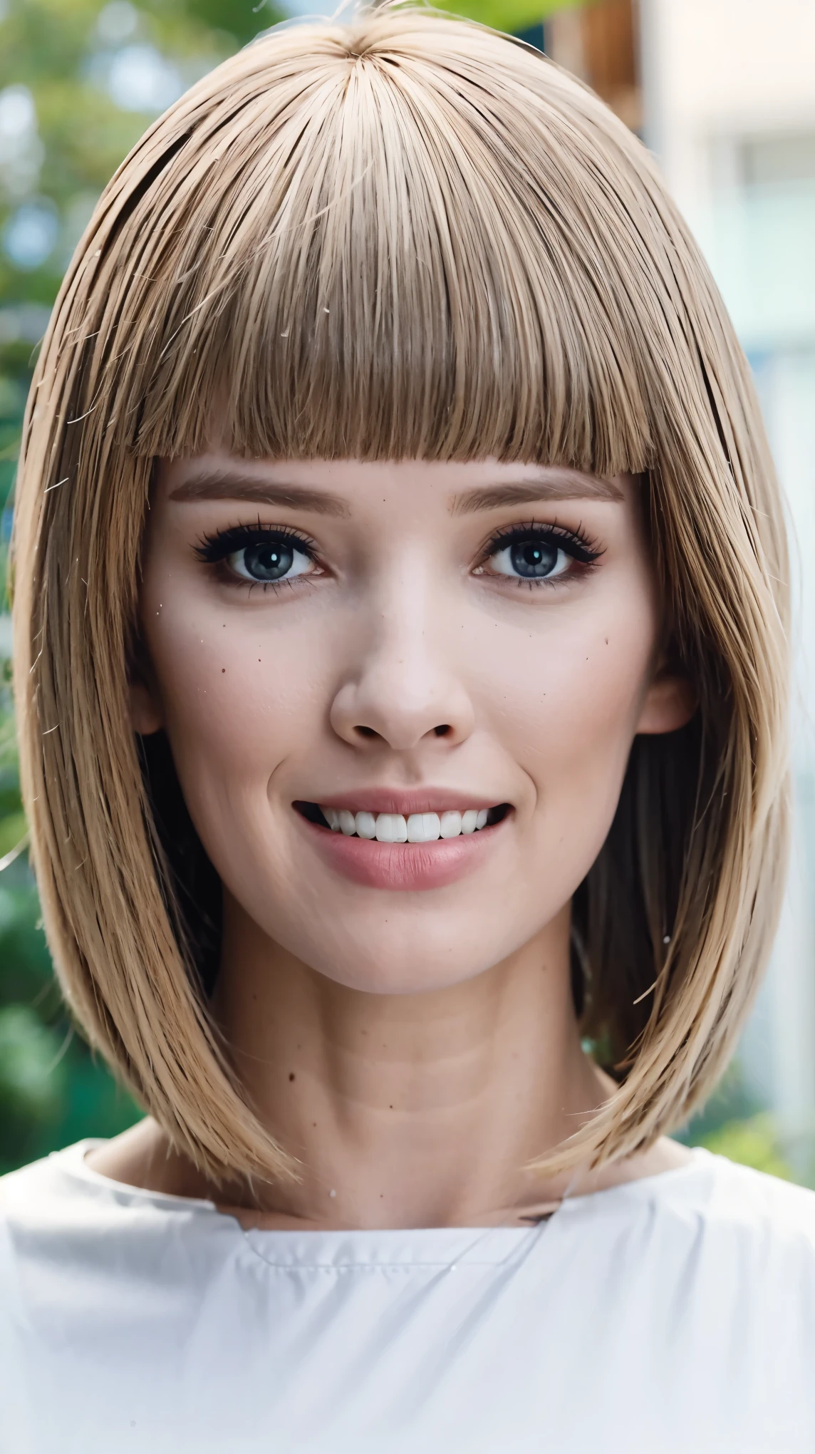 Fashion model 25 years old [[[[close up]]]], [[[[neck]]]], [[[[Shoulder]]]], Perfect eyes, Perfect iris，Perfect lips，Perfect Teeth，Perfect skin，White skin，Soft headlight，High-density imaging review，（Face is clear and delicate），((White casual wear))，((Smile))，((Background is indoor))，best quality，masterpiece，（Soft colors：1.2）