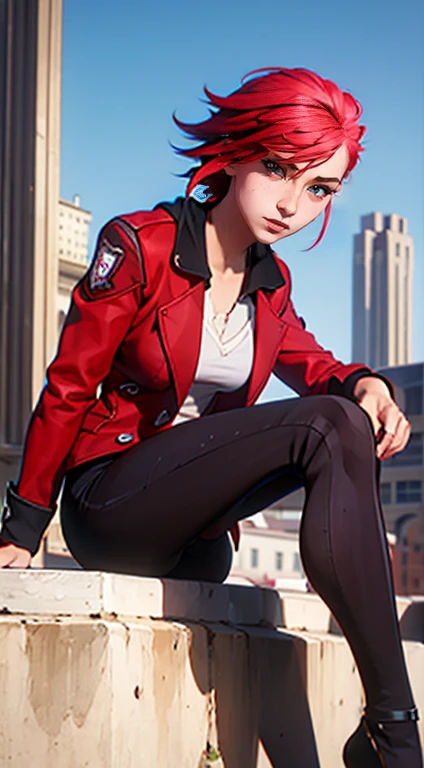 portraite of a, A  girl, in full height (Body Full 1.1), portraite of a, A  girl, in full height (Body Full 1.1), Fantasy City, facial focus, enthusiasm, closeup face, Girl with short red hair. Saw from Arcane. red jacket. Saw from Arcane. redhead hair, Short hair, (sitting, close up, sharp eyes, perfect face and body), (),(perfect anatomy, Correct proportions) Very detailed face, Very beautiful face, Very sexy ass, in full height (Body Full 1.1), small elastic breasts, Little ass, Beautiful slim figure, small buttocks, black tight suit, tmasterpiece，beste-Qualit，higly detailed，Visible to the feet， 8K resolution