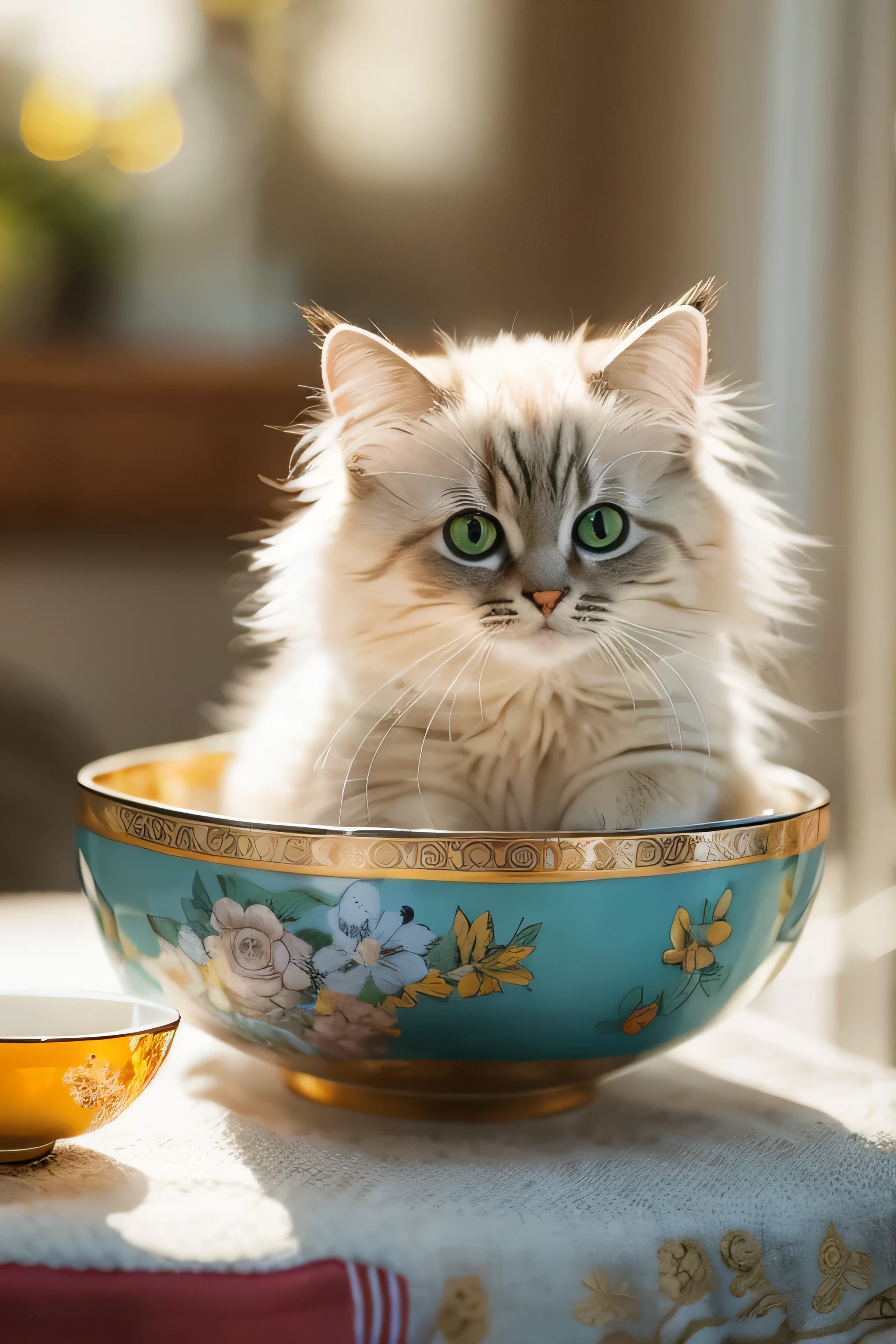 Cat, (Himalayan), (Small)))), in a teacup, Face, Front paws out, 8K, Professional photo, Delicate, Clear, On the table, Inside the house, Sunshine, Light Leak, Masterpiece, ((Pretty))), Fashionable Teacup, (Reality), Plush Toy, Round Pupils
